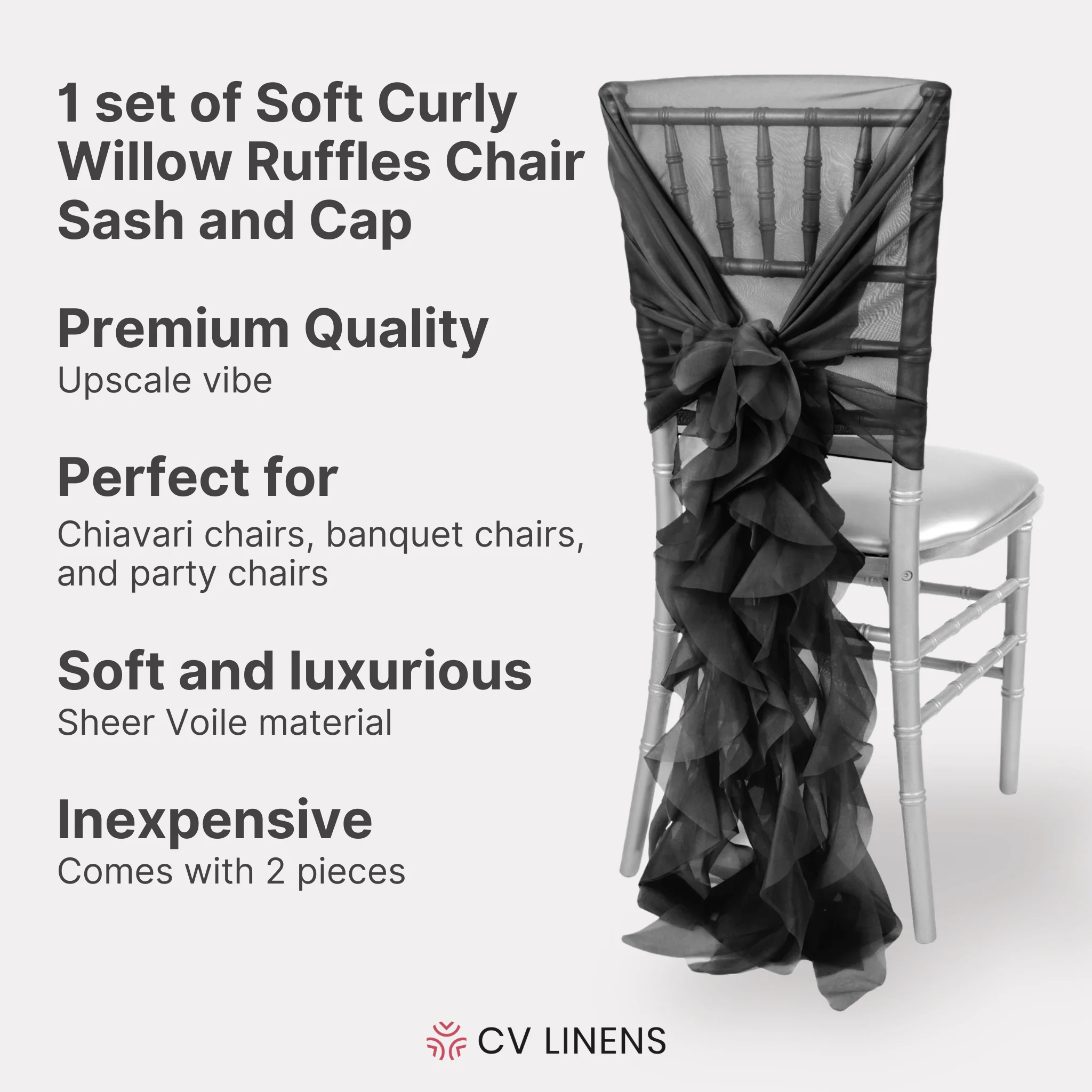 1 Set of Soft Curly Willow Ruffles Chair Sash & Cap - Black - Image 2