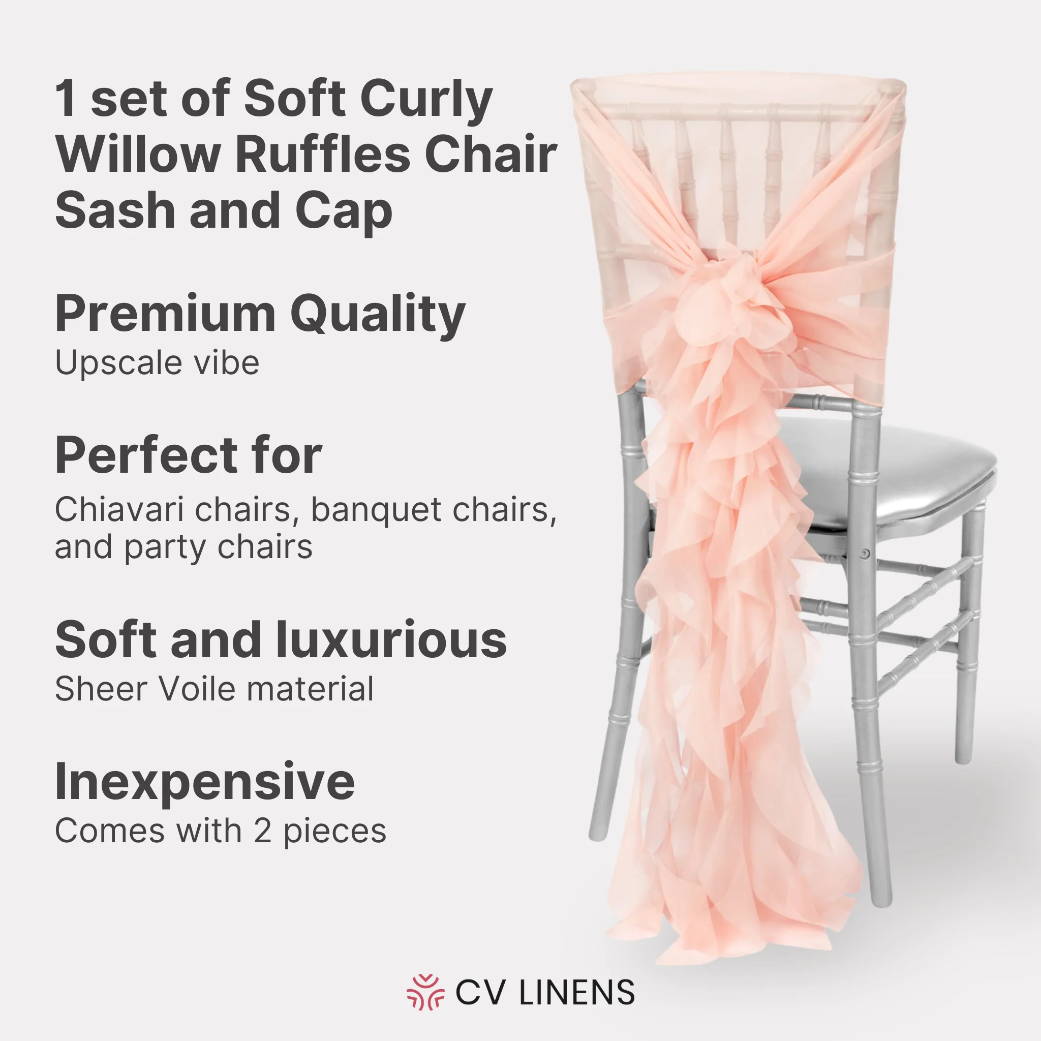 1 Set of Soft Curly Willow Ruffles Chair Sash & Cap - Blush/Rose Gold - Image 2
