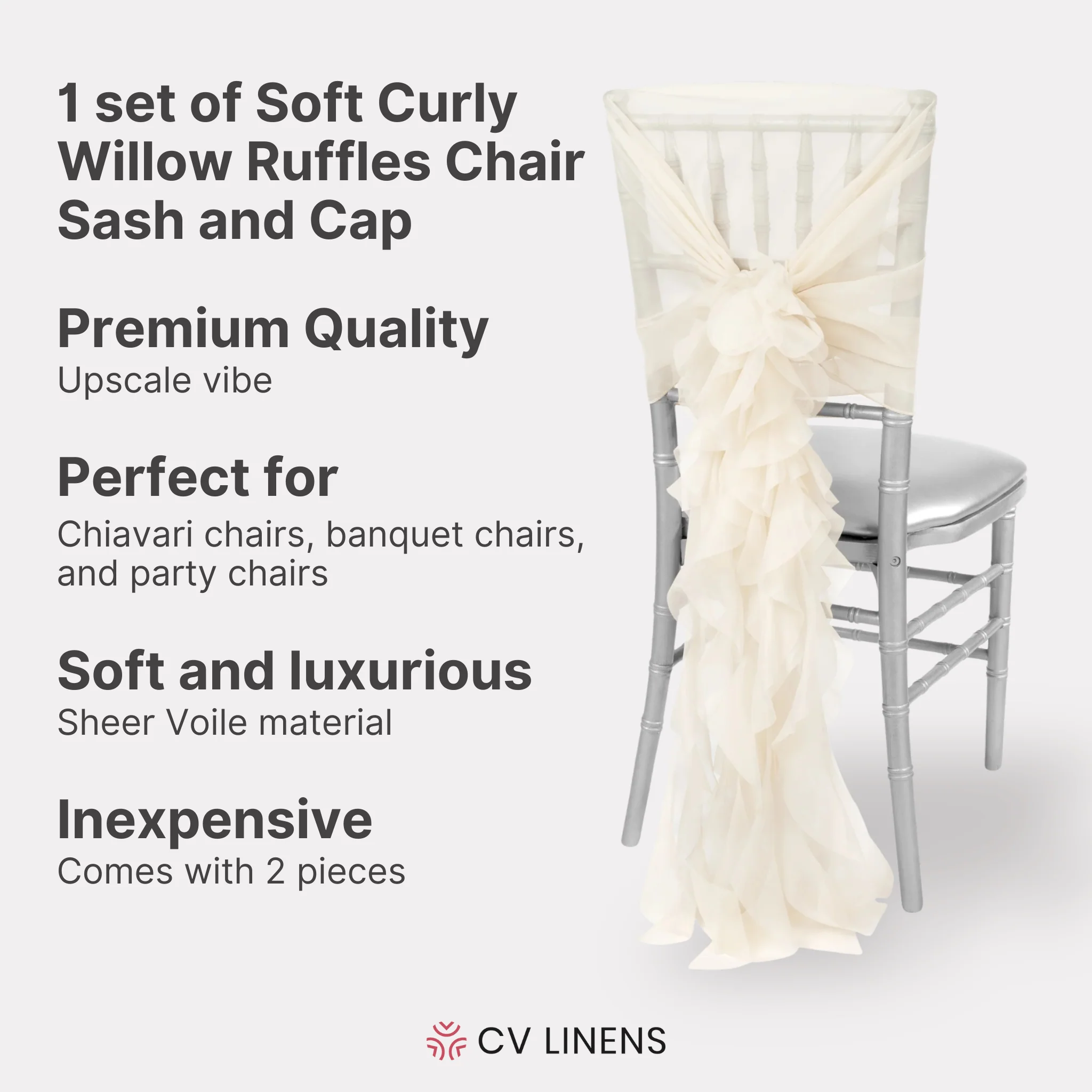1 Set of Soft Curly Willow Ruffles Chair Sash & Cap - Ivory - Image 3