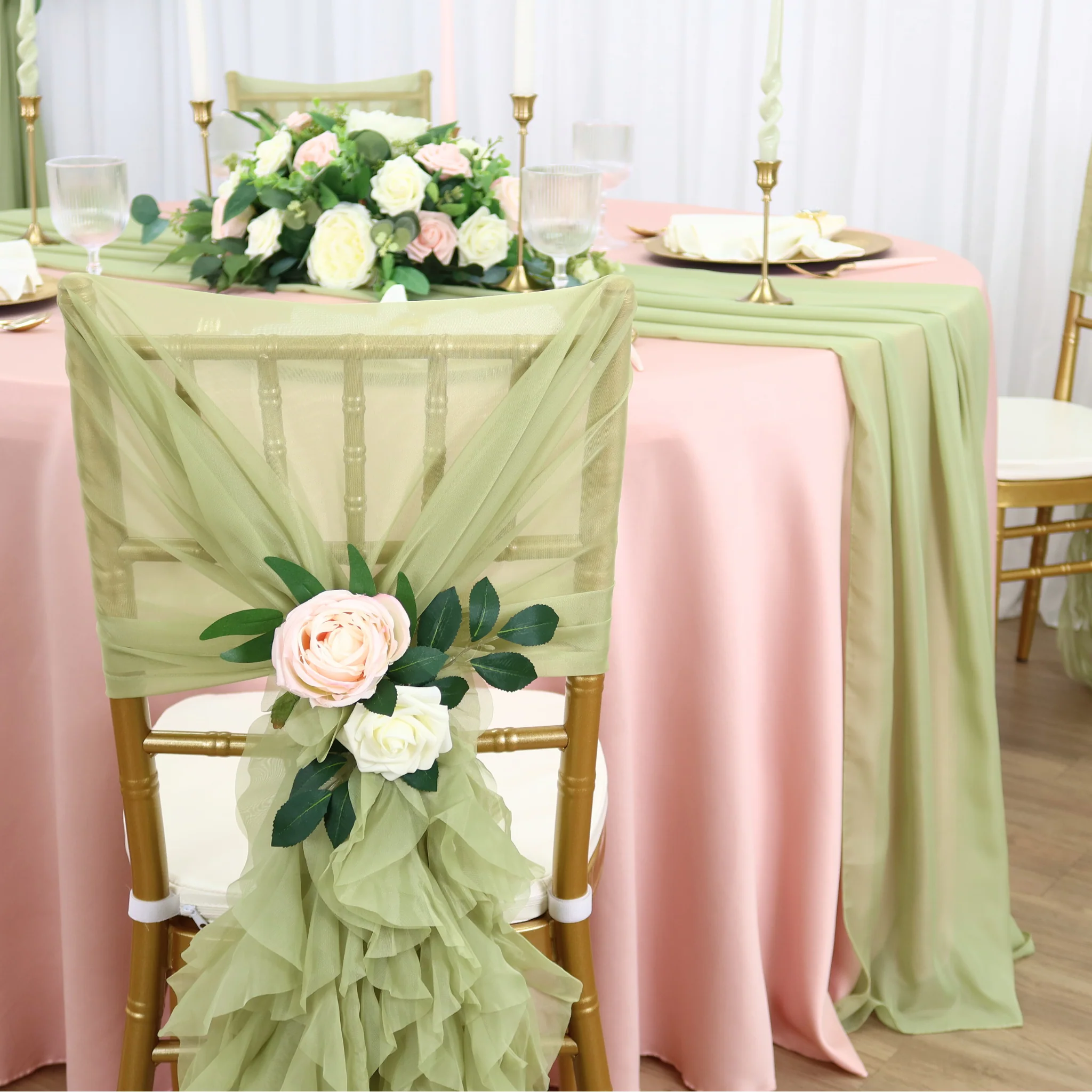 1 Set of Soft Curly Willow Ruffles Chair Sash & Cap - Sage Green - Image 5