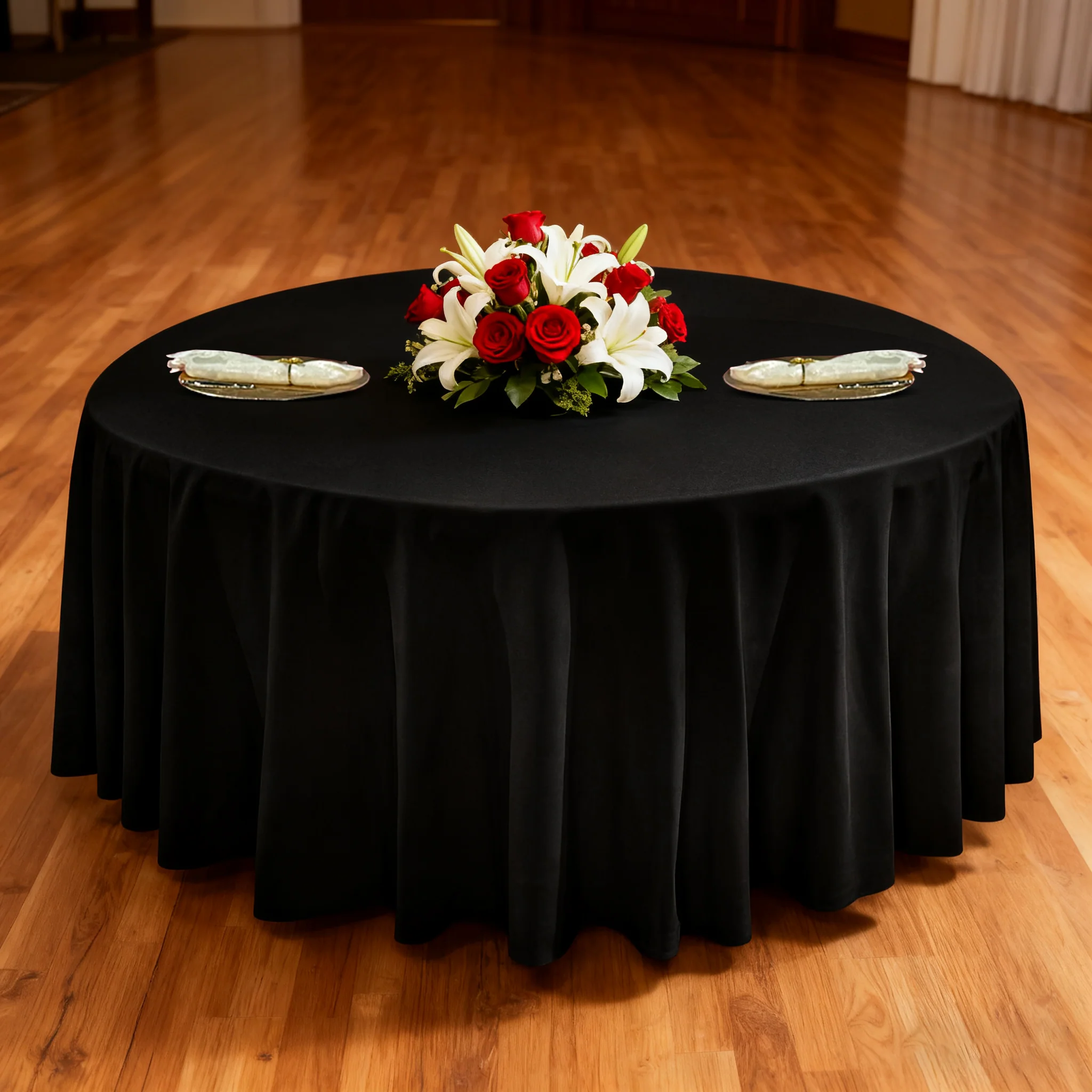 Premium 132" Round Black Spun Polyester Tablecloth - Image 2