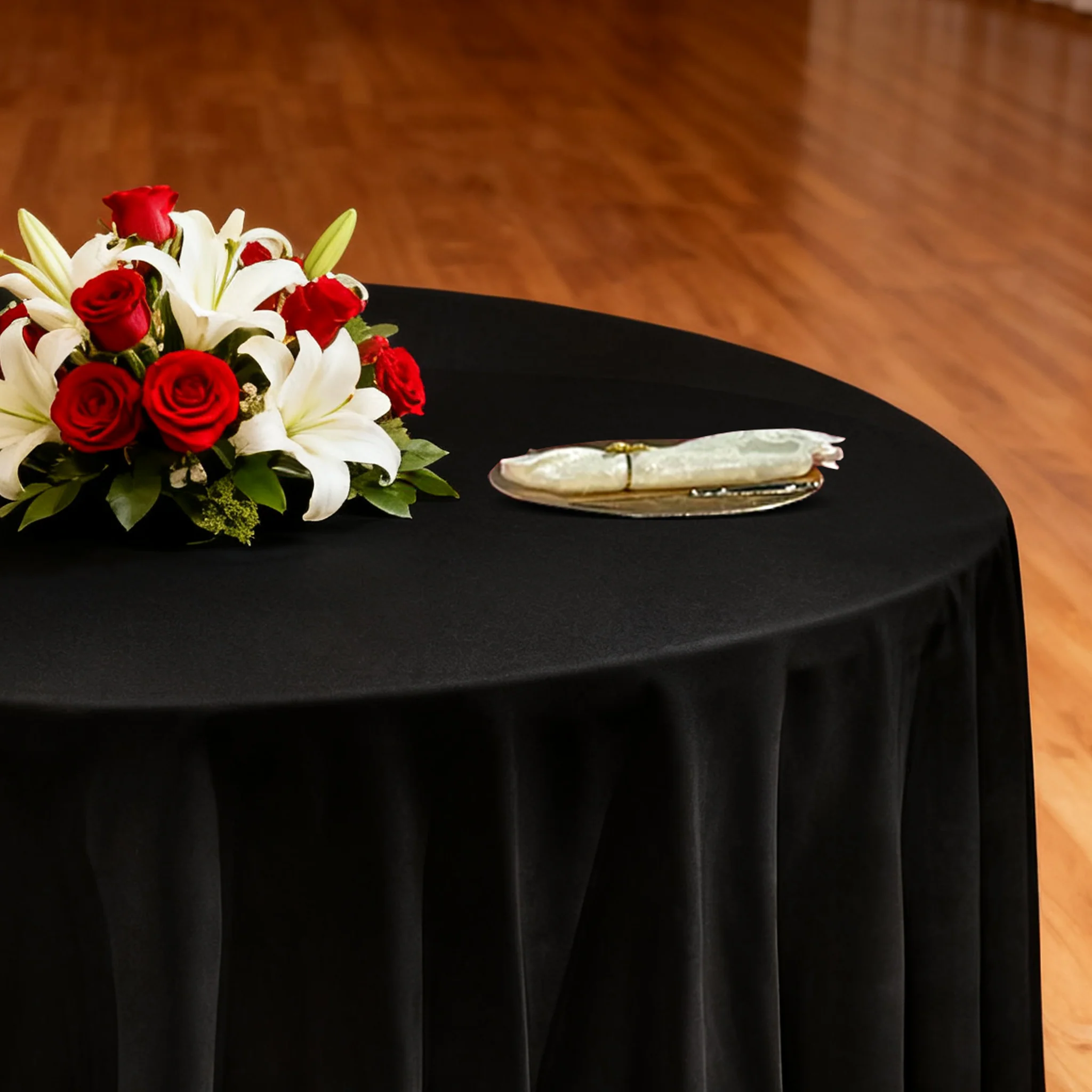 Premium 132" Round Black Spun Polyester Tablecloth - Image 4