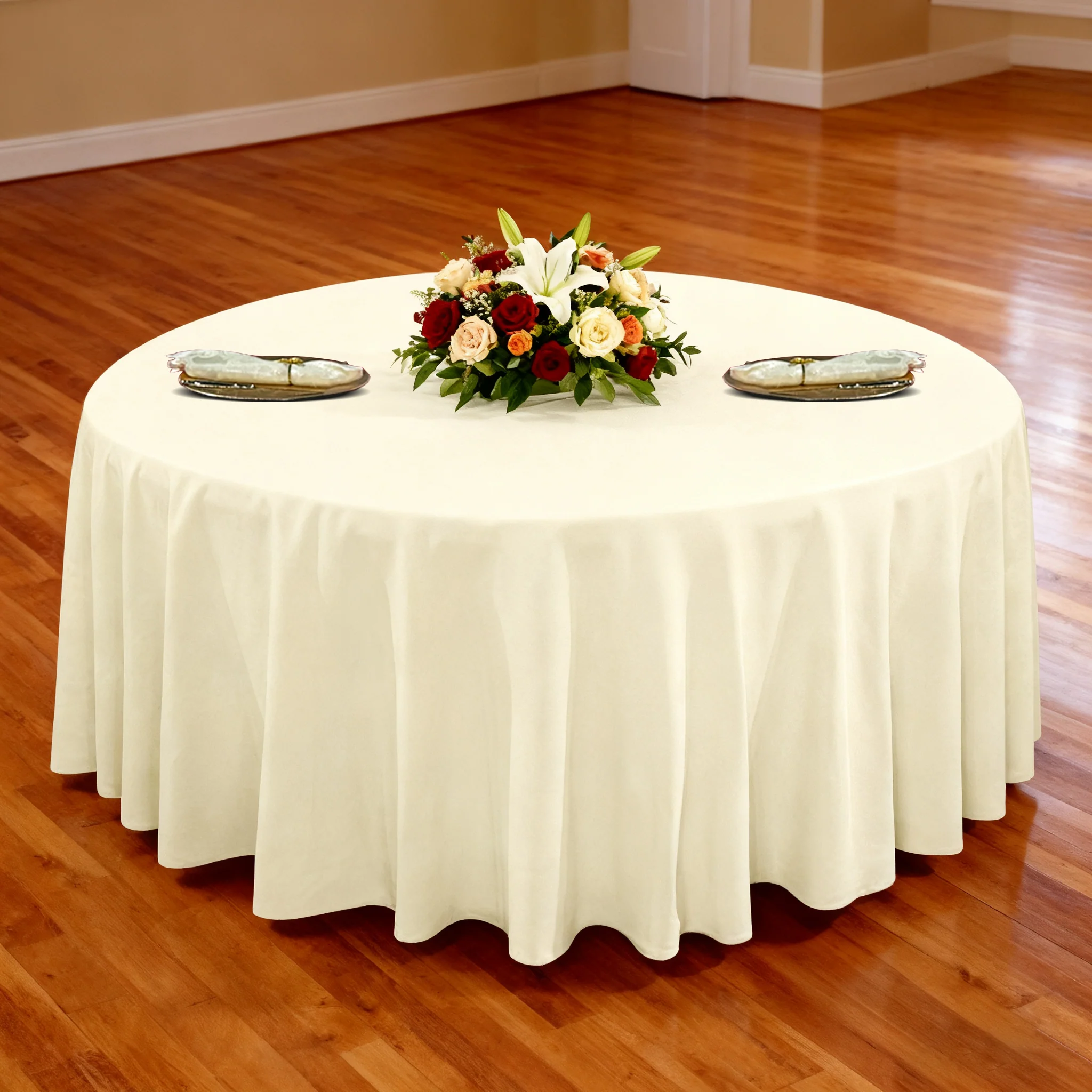 Premium 132" Round Ivory Spun Polyester Tablecloth - Image 2