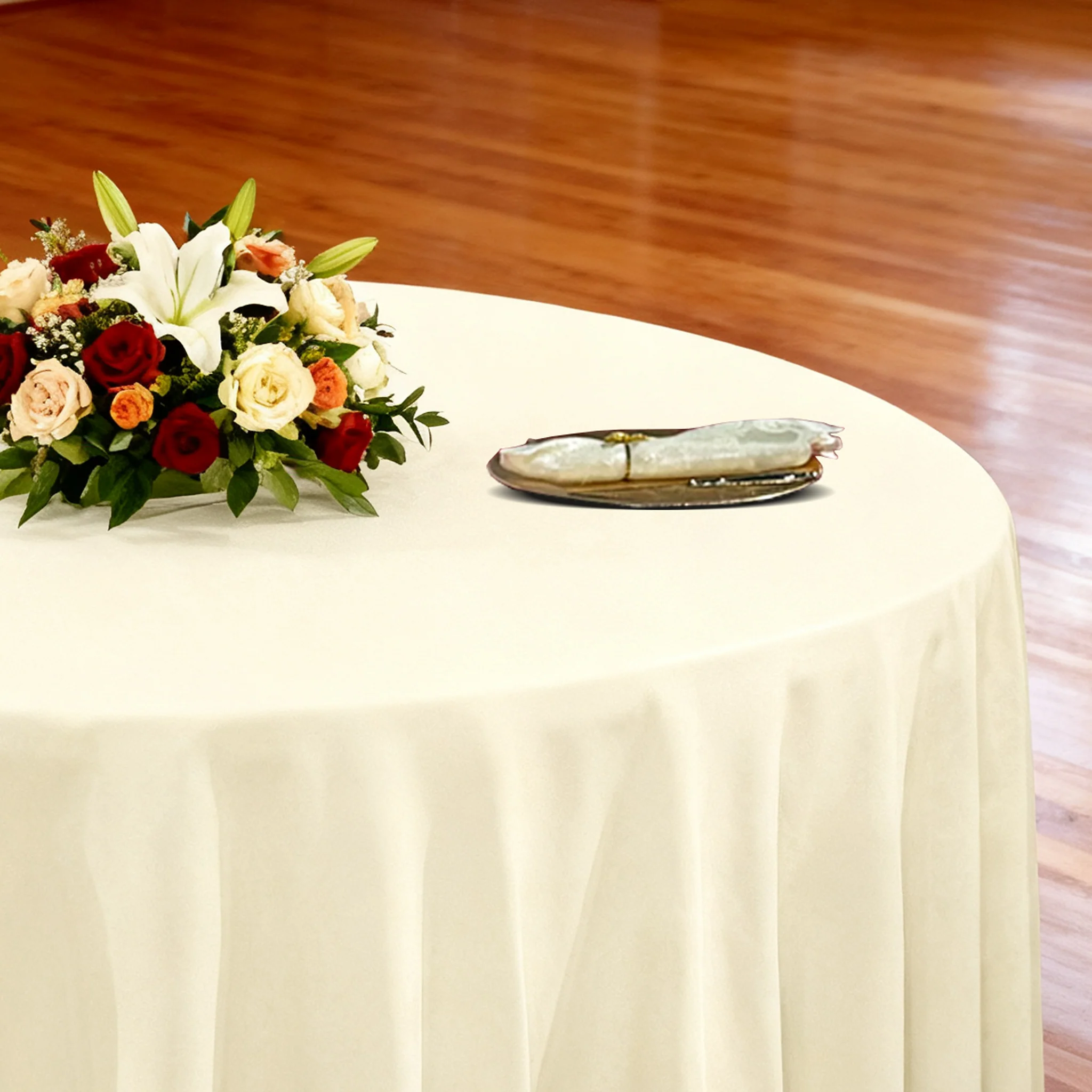 Premium 132" Round Ivory Spun Polyester Tablecloth - Image 3