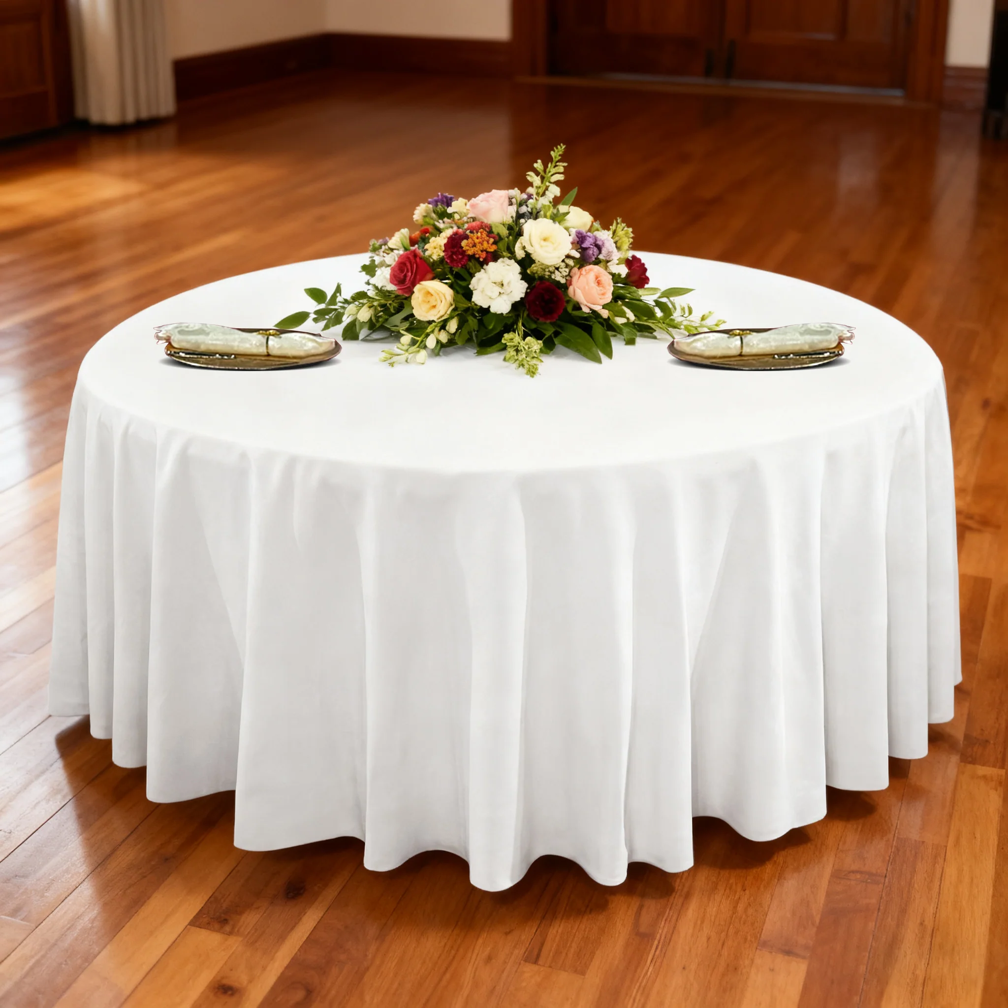 Premium 132" Round White Spun Polyester Tablecloth - Image 2