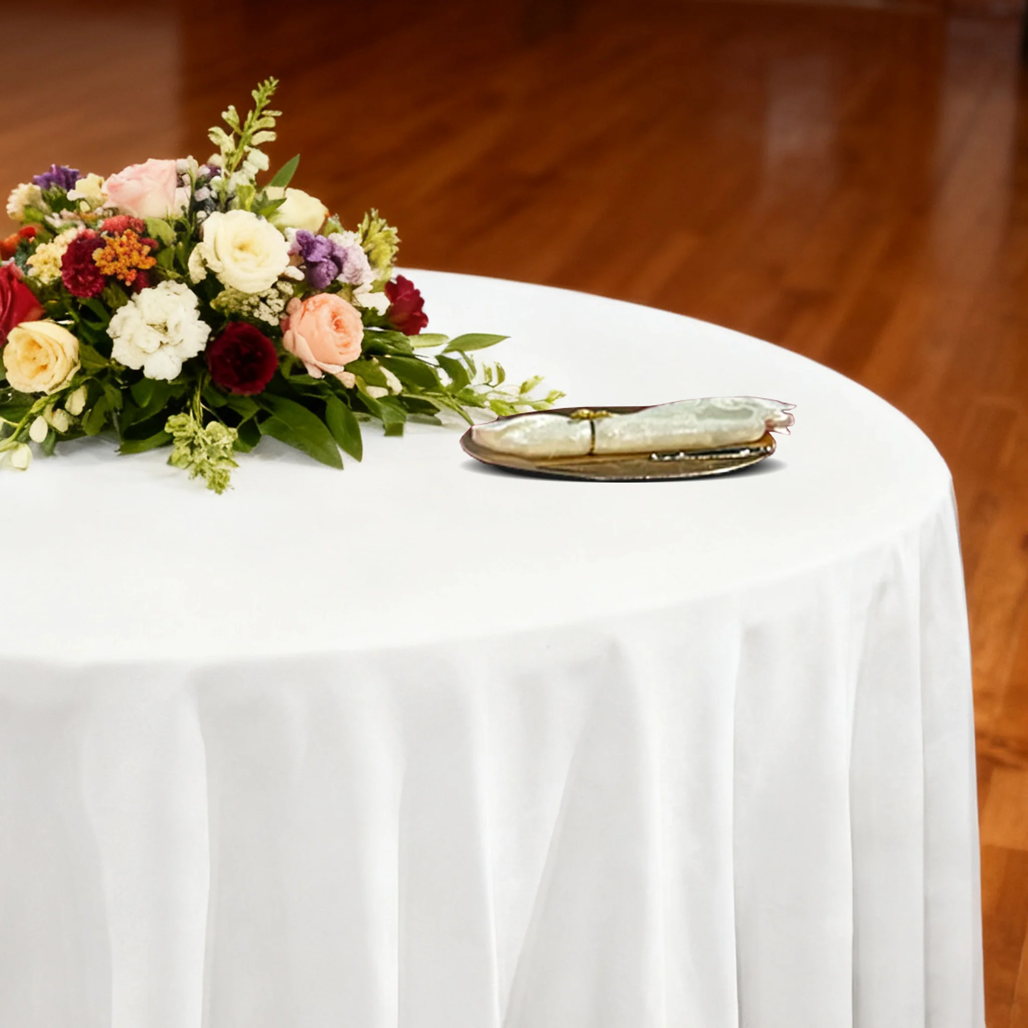 Premium 132" Round White Spun Polyester Tablecloth - Image 3