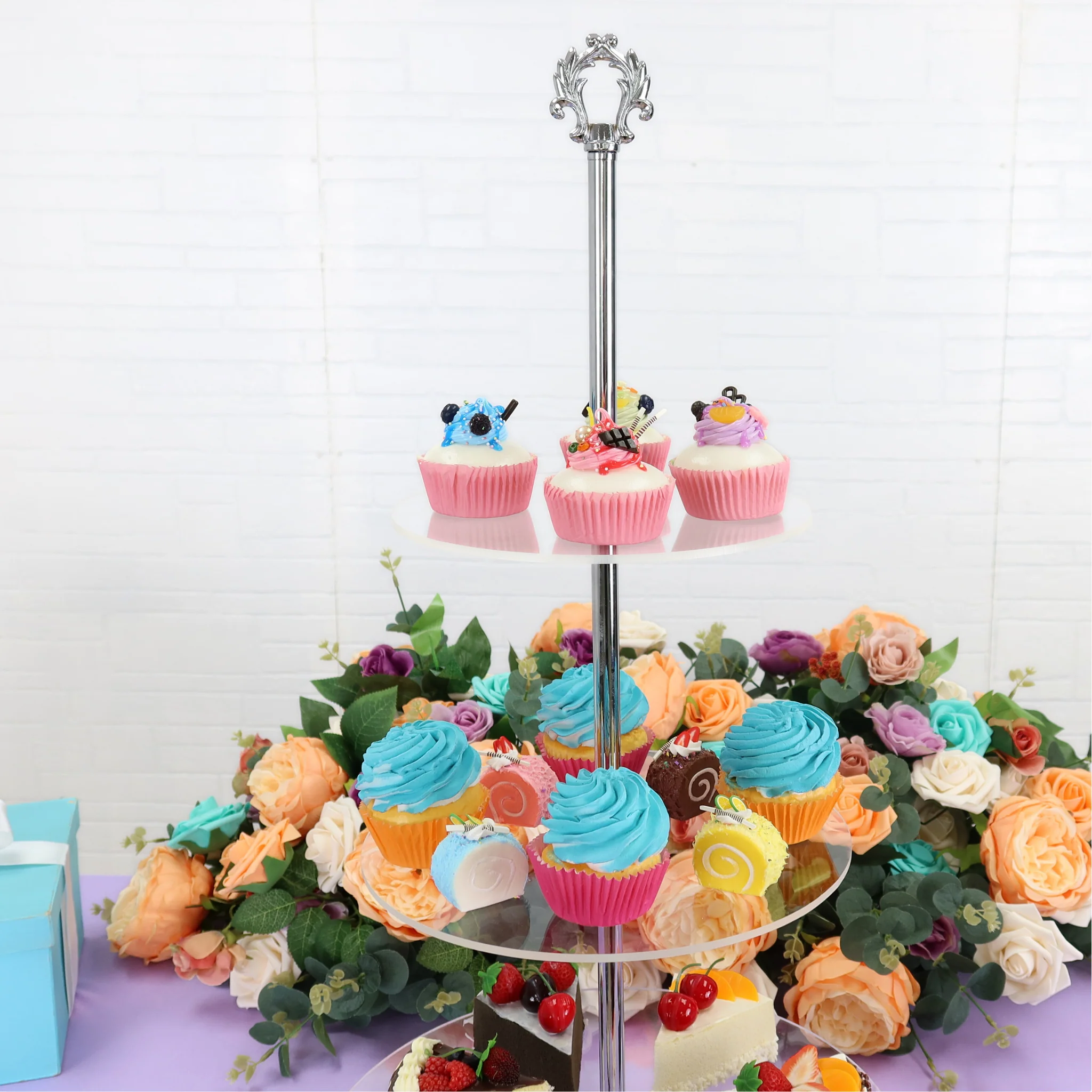 3 Tier Classic  Round Acrylic Cupcake Dessert Stand - Silver - Image 3