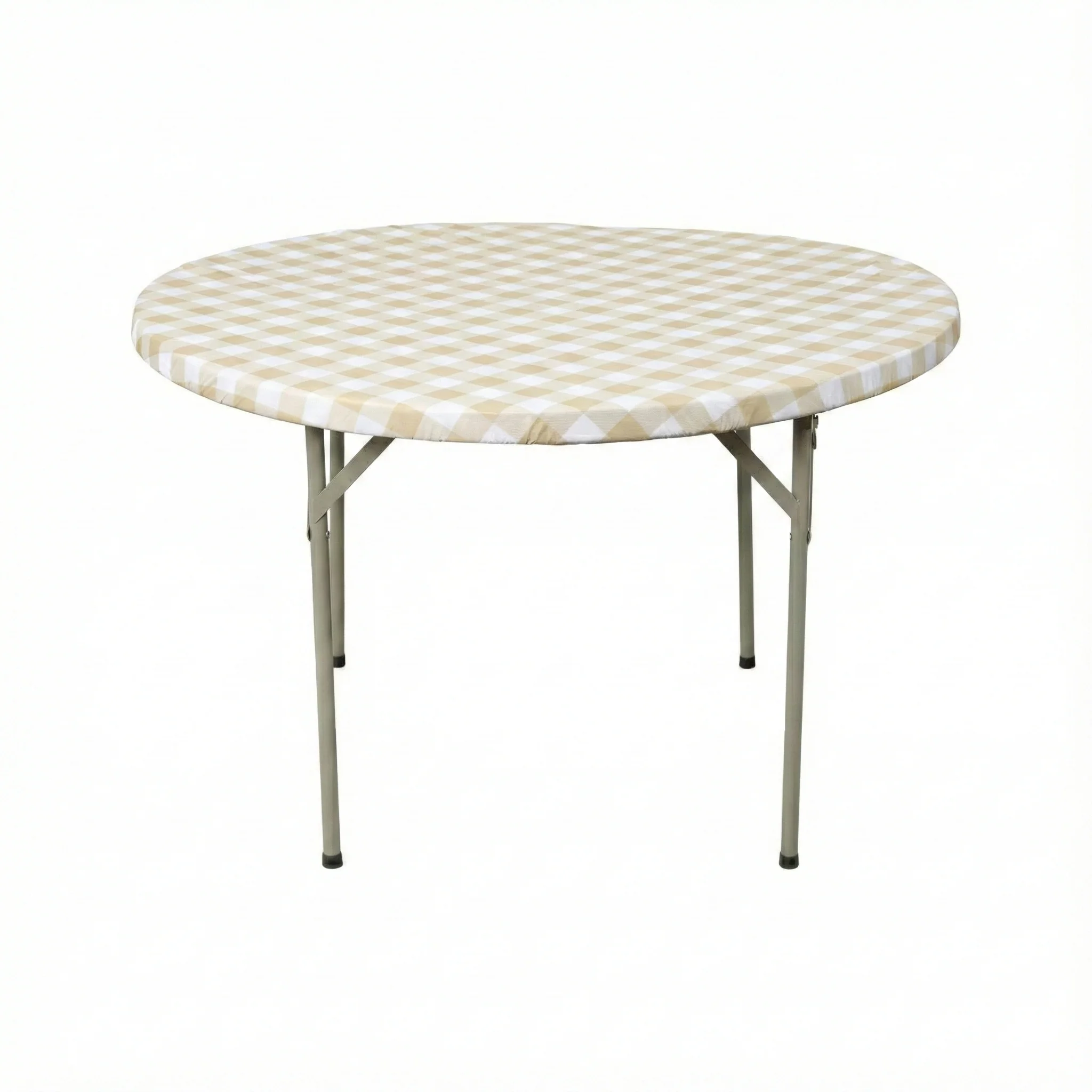 Round Elastic Table Top Cover 36" Waterproof Vinyl Flannel Backing Checkered Design - Champagne