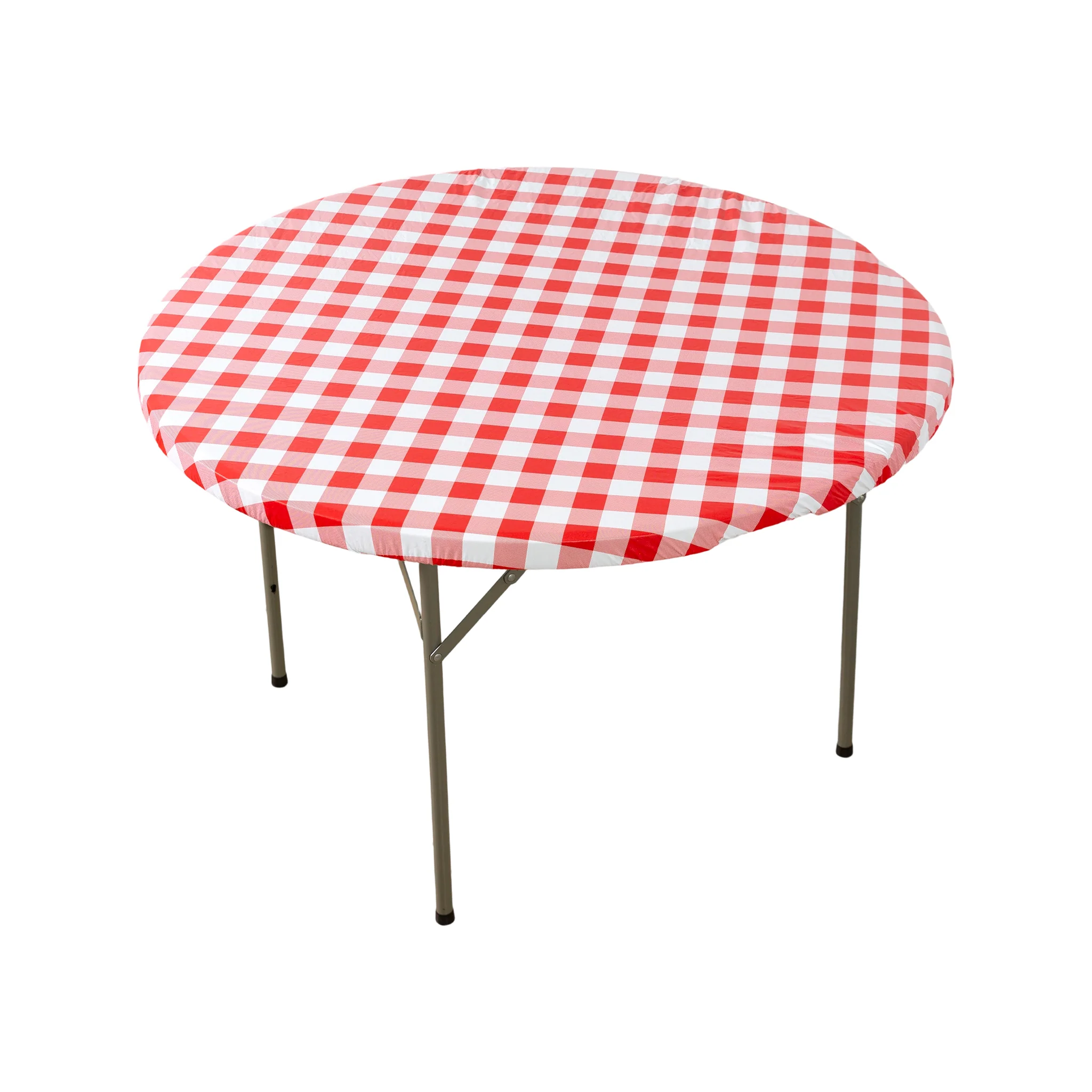 Round Elastic Table Top Cover 36" Waterproof Vinyl Flannel Backing Checkered Design - Red - Image 2