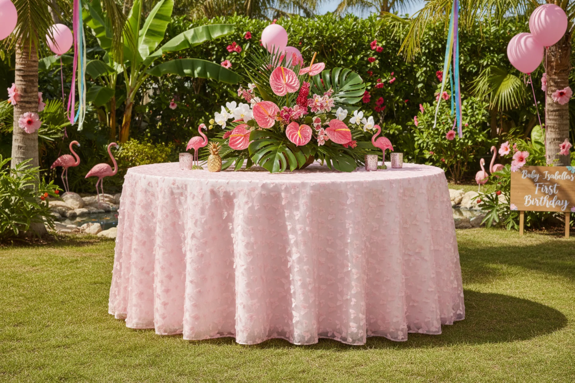 3D Butterfly Sheer Tablecloth 120" Round - Pink - Image 5