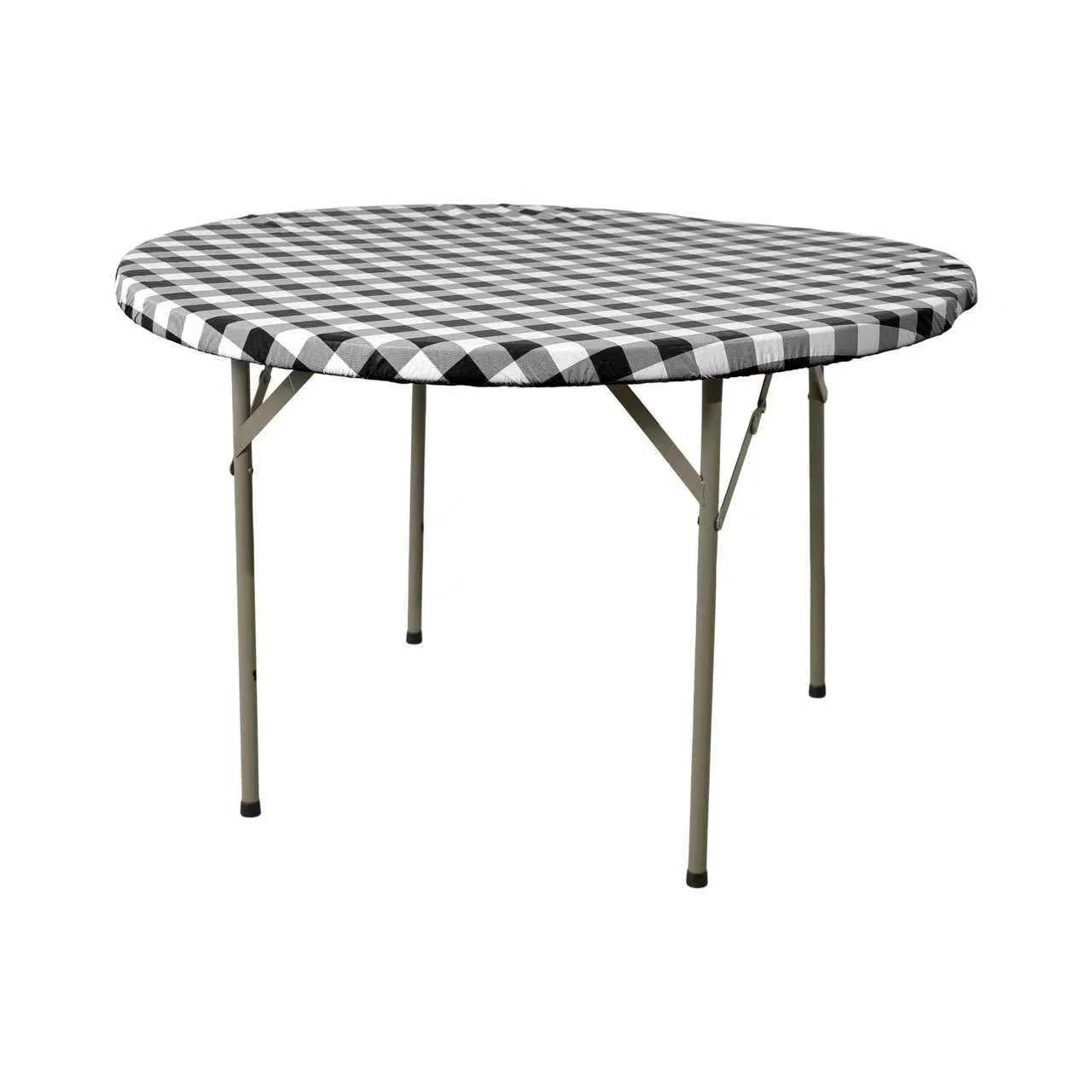 Round Elastic Table Top Cover 48" Waterproof Vinyl Flannel Backing Checkered Design - Black
