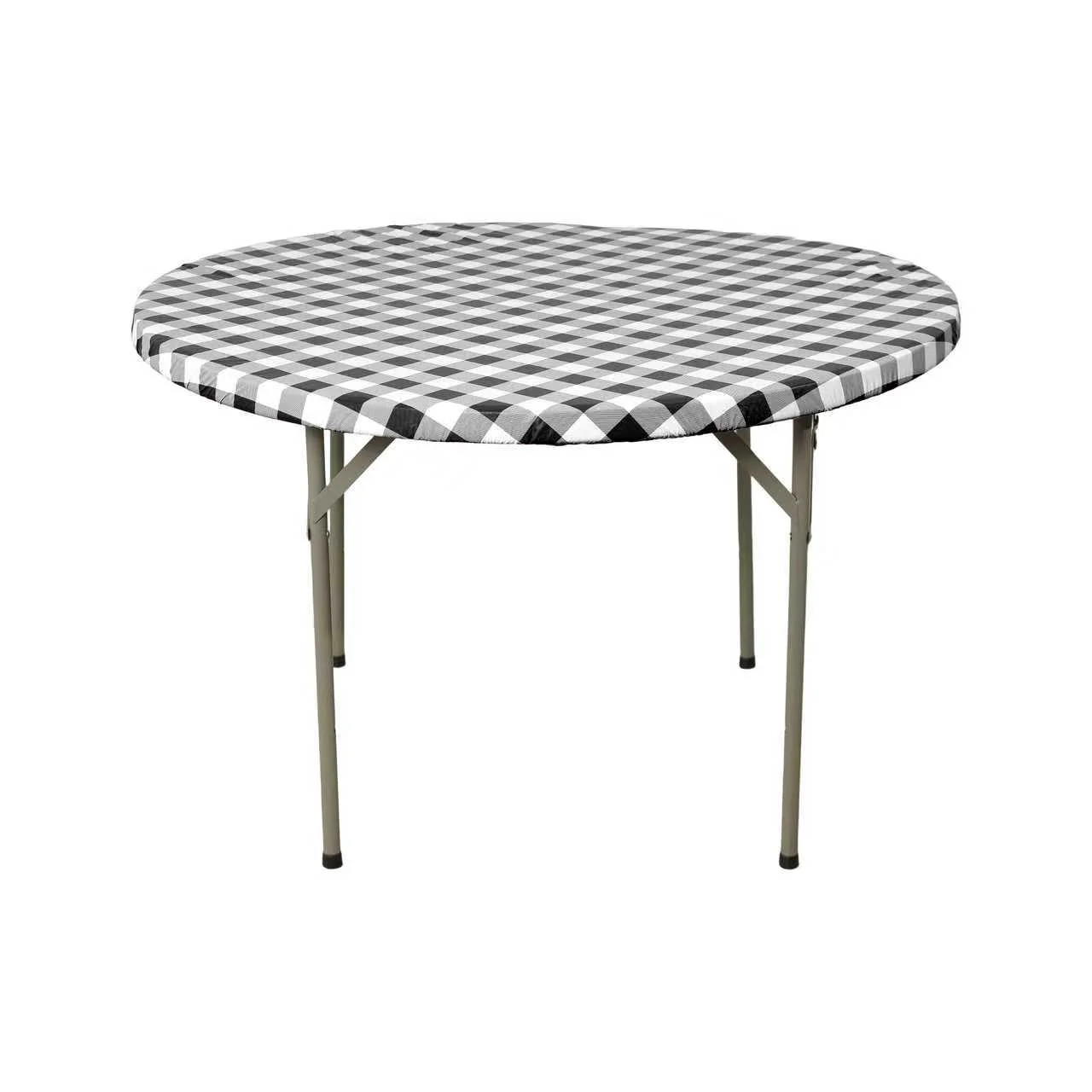 Round Elastic Table Top Cover 48" Waterproof Vinyl Flannel Backing Checkered Design - Black - Image 3