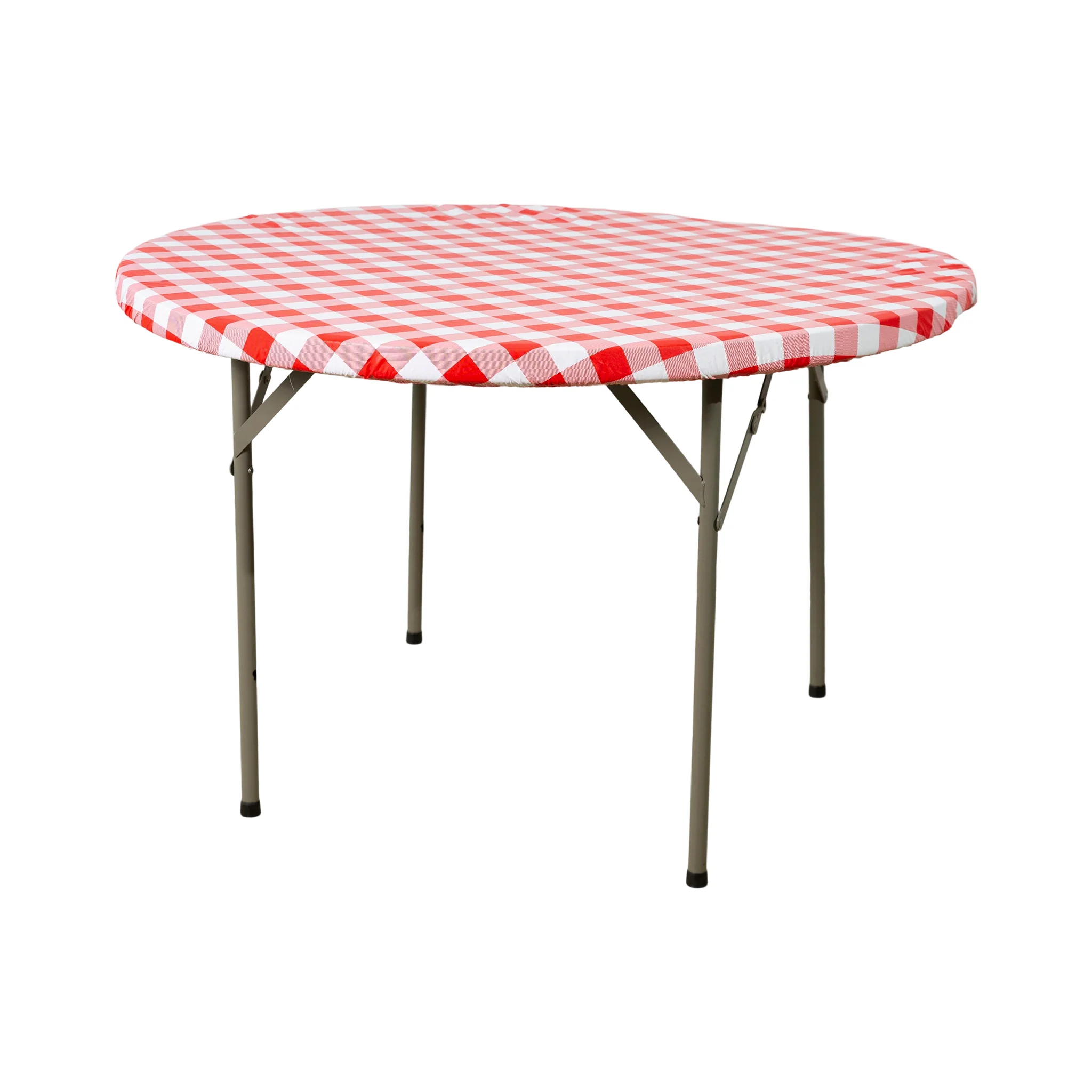 Round Elastic Table Top Cover 48" Waterproof Vinyl Flannel Backing Checkered Design - Red - Image 3