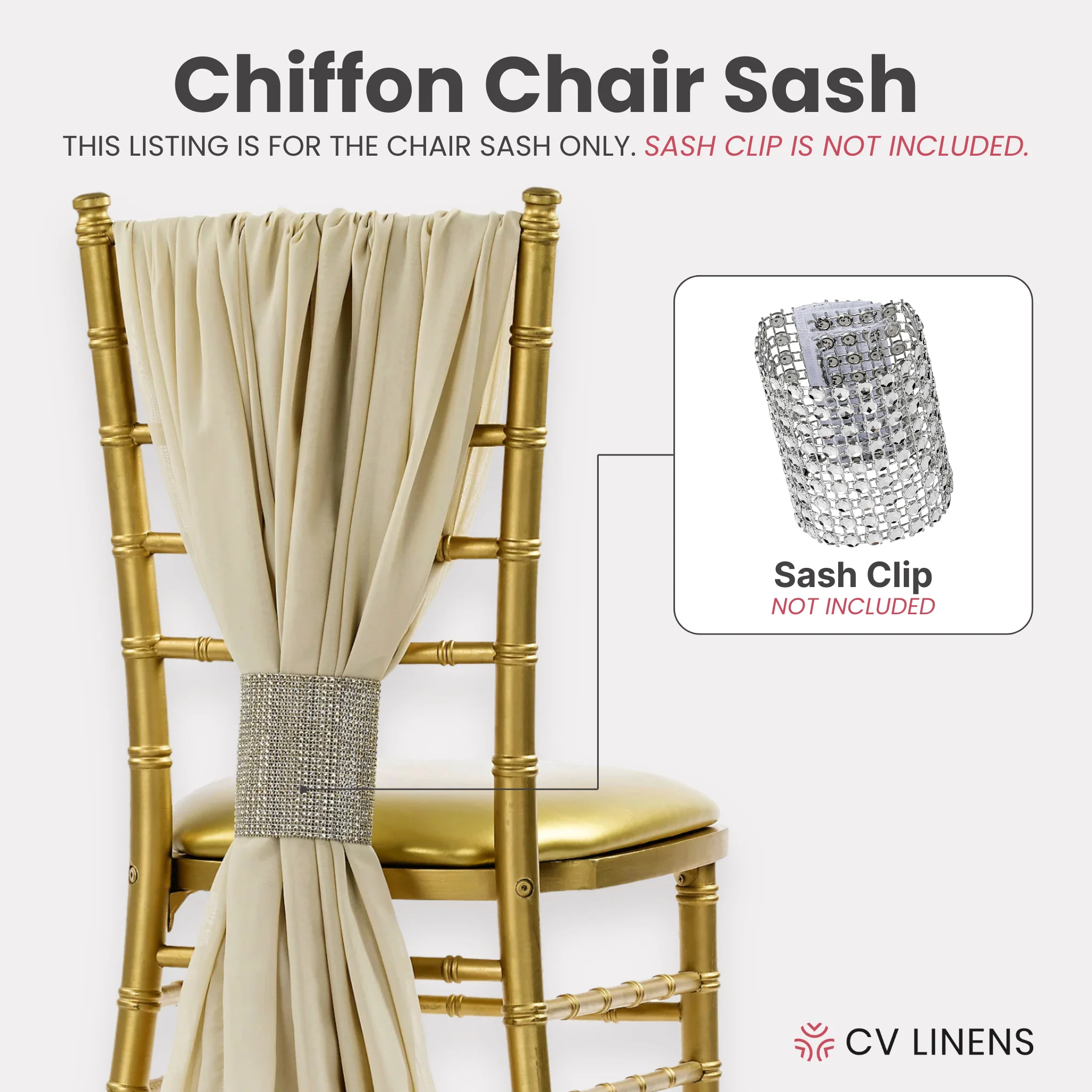 5pcs Pack of Chiffon Chair Sashes/Ties 19" x 72" - Champagne - Image 3