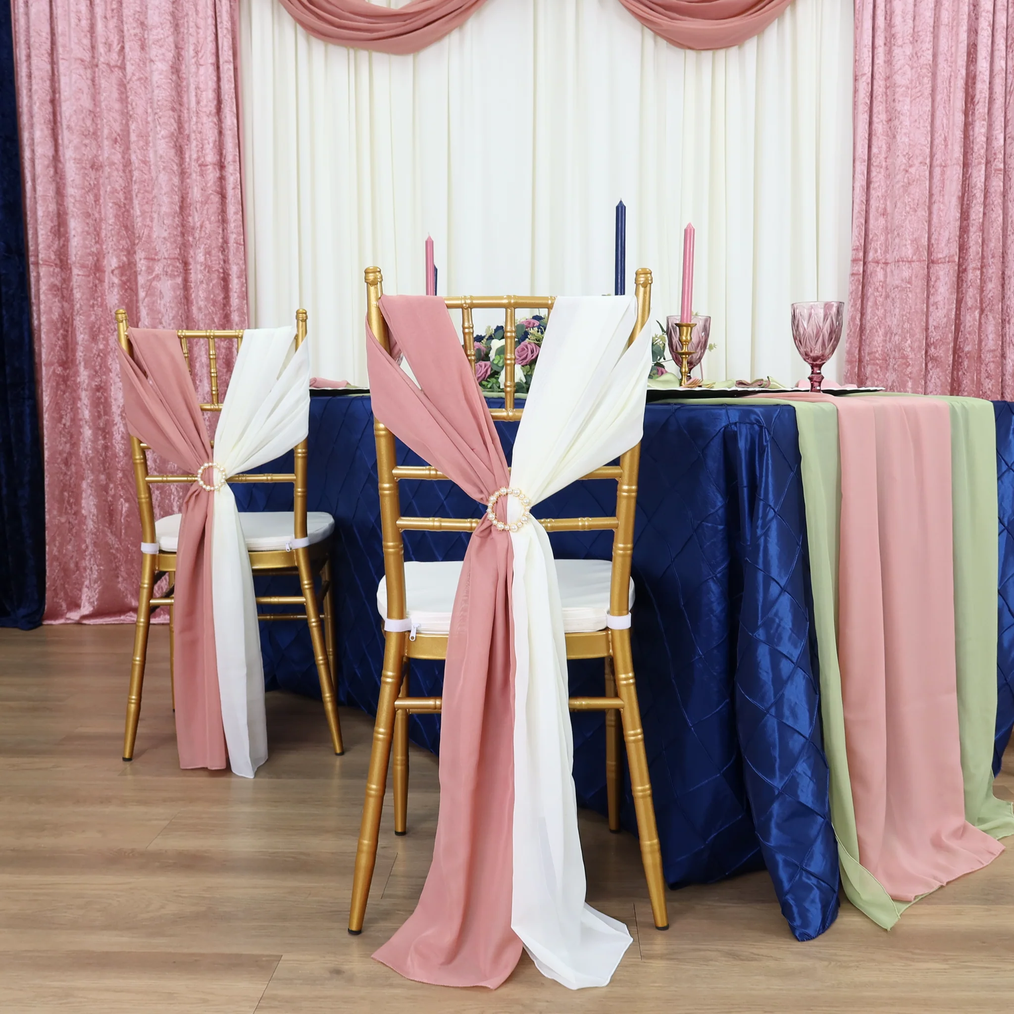 5pcs Pack of Chiffon Chair Sashes/Ties 19" x 72" - Dusty Rose/Mauve - Image 4