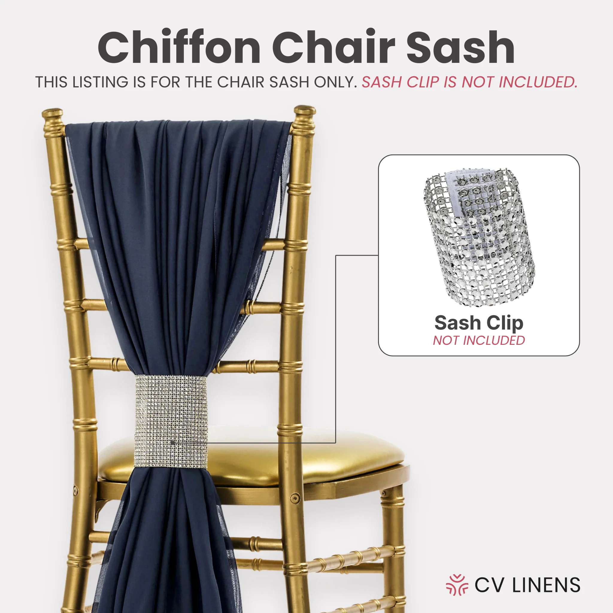 5pcs Pack of Chiffon Chair Sashes/Ties 19" x 72" - Navy Blue - Image 3