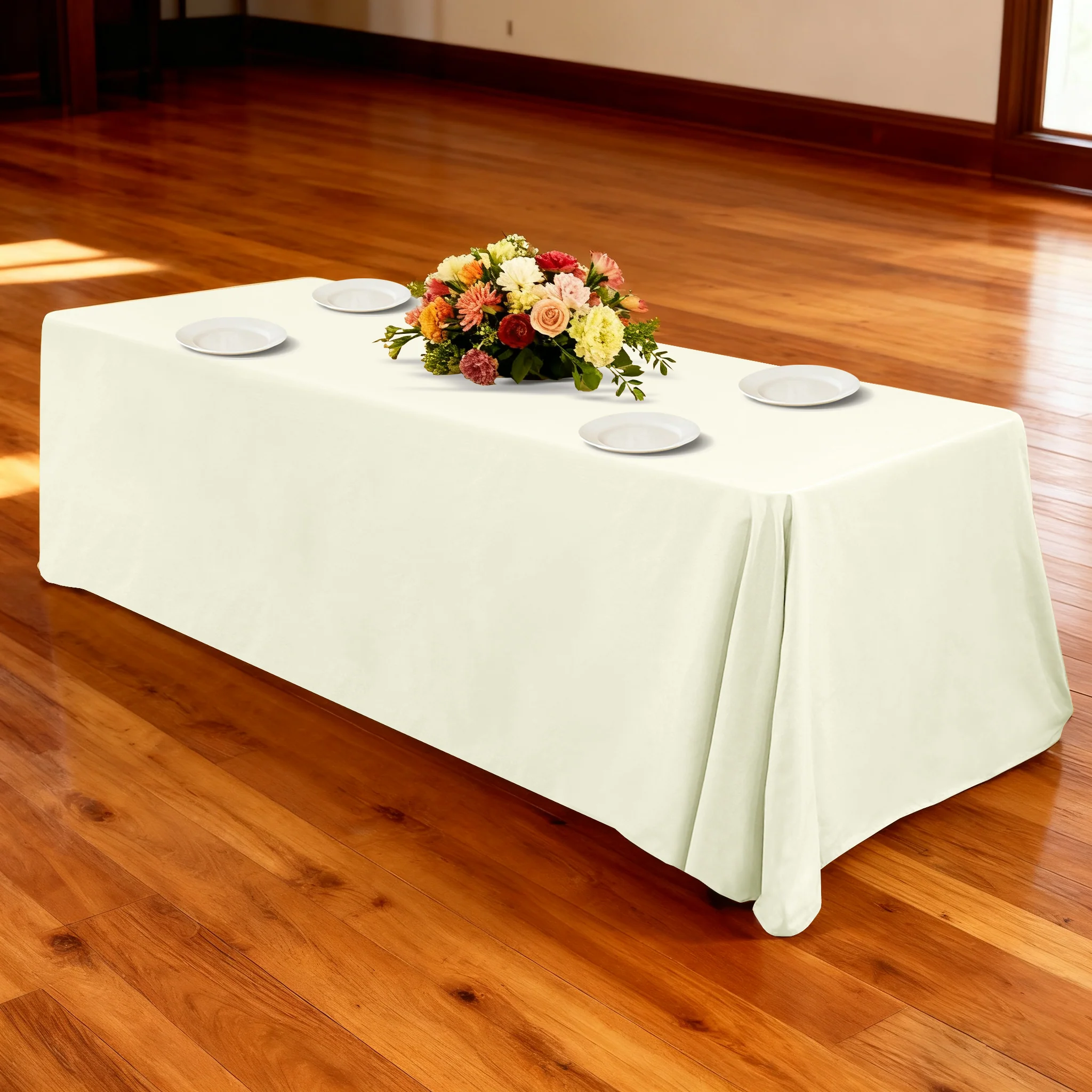Premium 90"x132" Rectangular Ivory Spun Polyester Tablecloth - Image 2