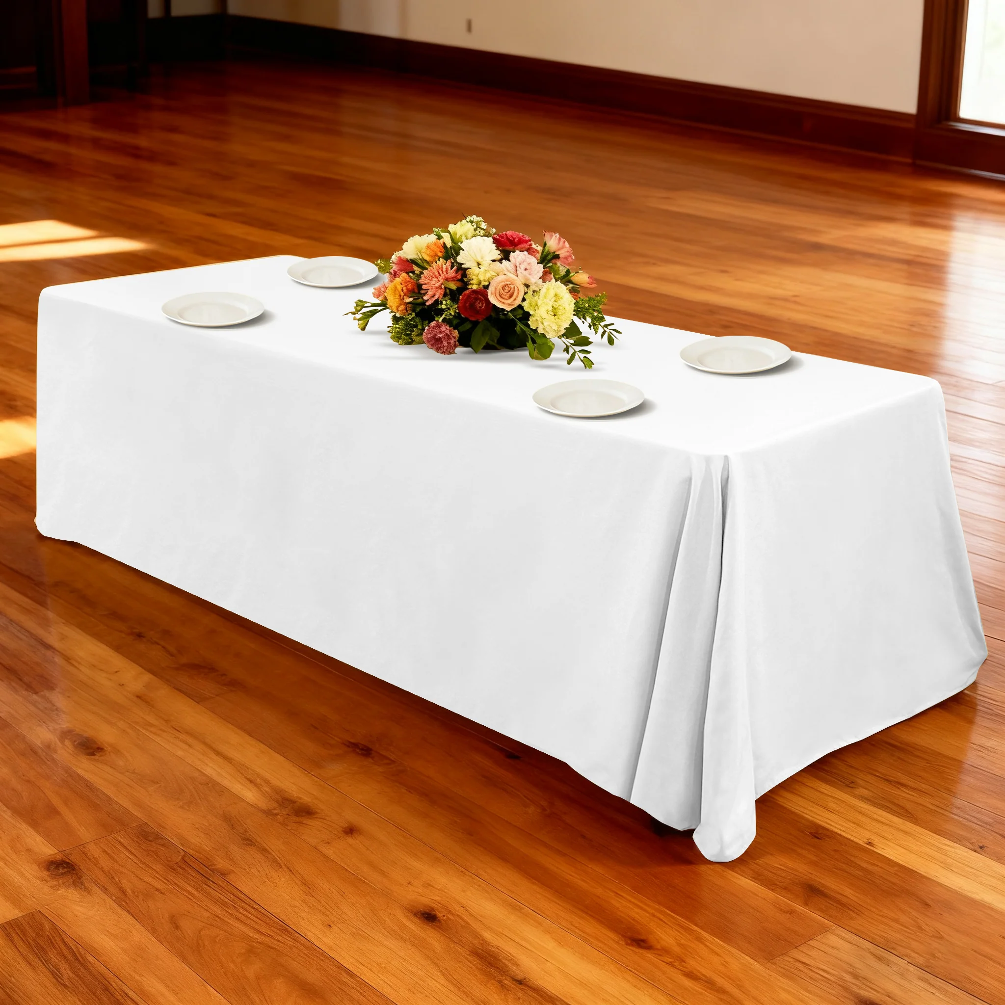 Premium 90"x132" Rectangular White Spun Polyester Tablecloth - Image 2