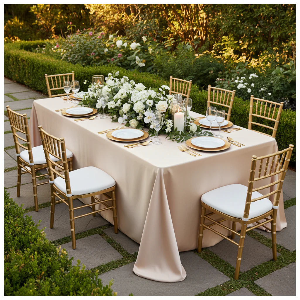 90"x132" Rectangular Oblong Premium Polyester Tablecloth - Champagne - Image 3