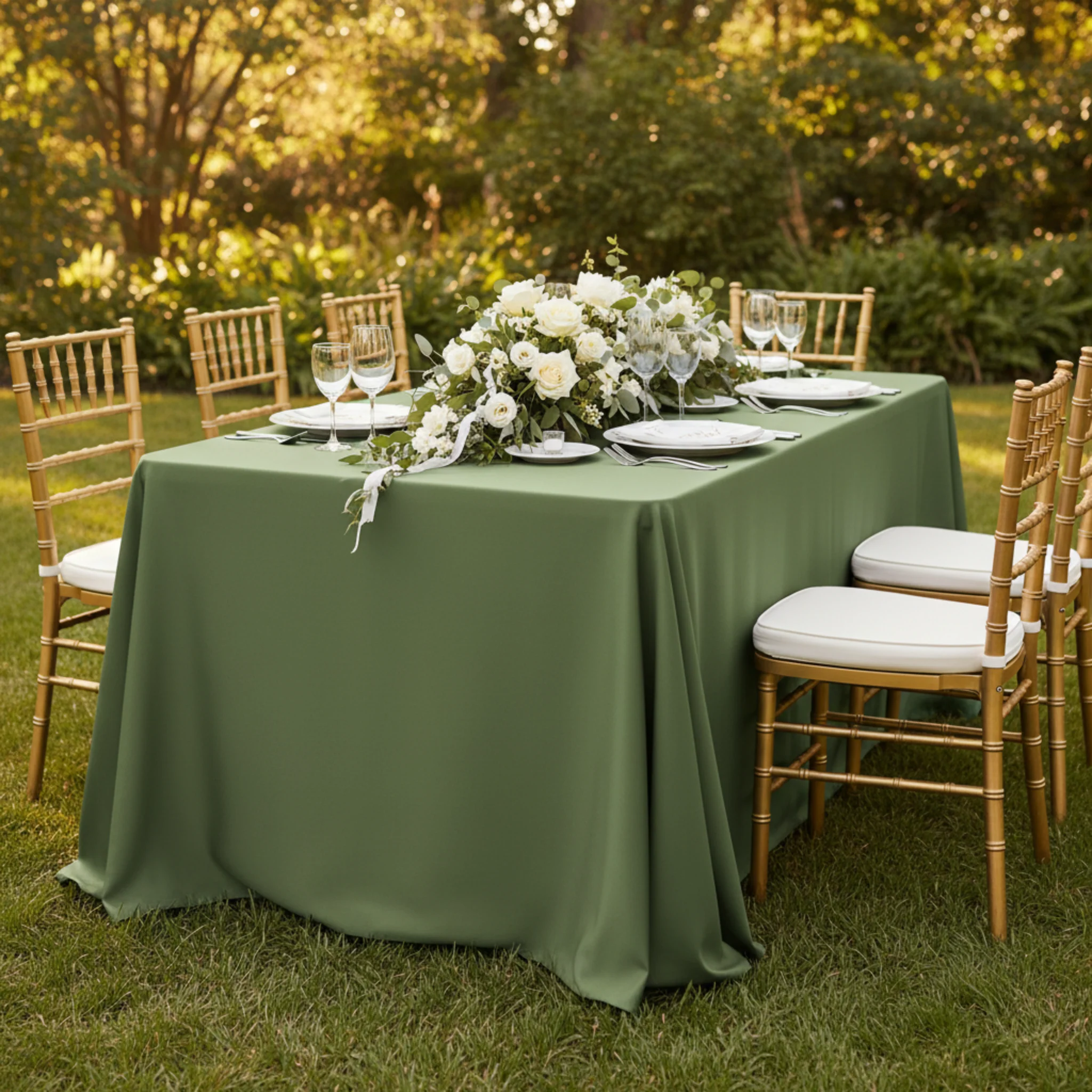 90"x132" Rectangular Oblong Premium Polyester Tablecloth - Willow Green - Image 4