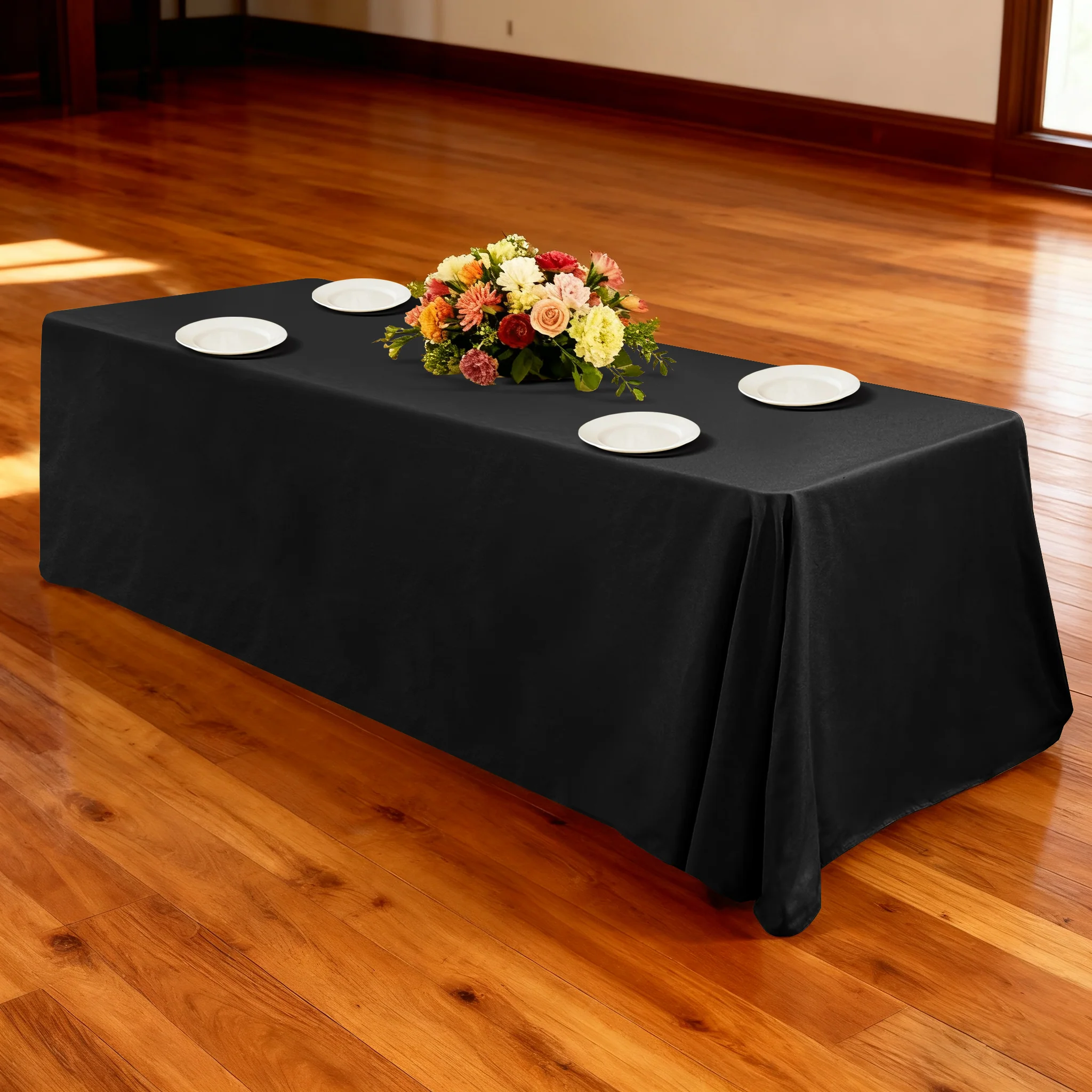 Premium 90"x156" Rectangular Black Spun Polyester Tablecloth - Image 2