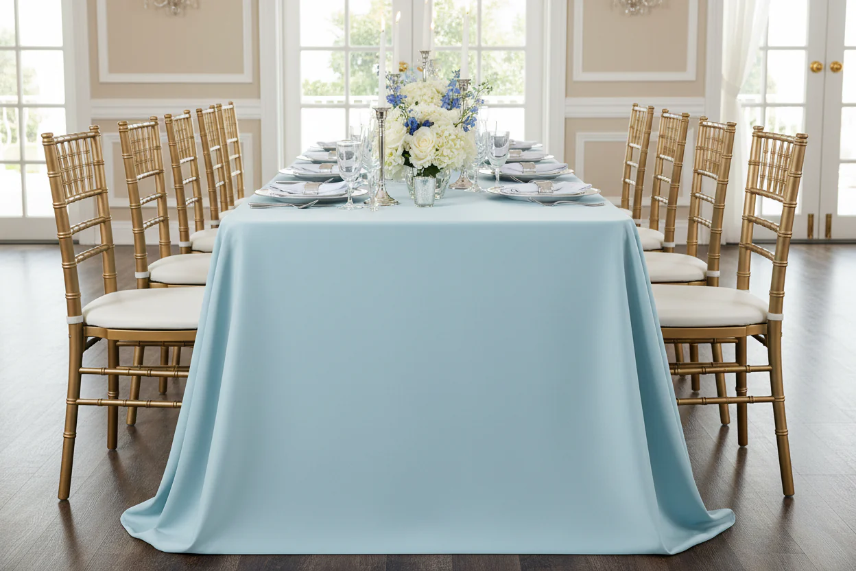 90"x156" Rectangular Oblong Premium Polyester Tablecloth - Baby Blue - Image 3