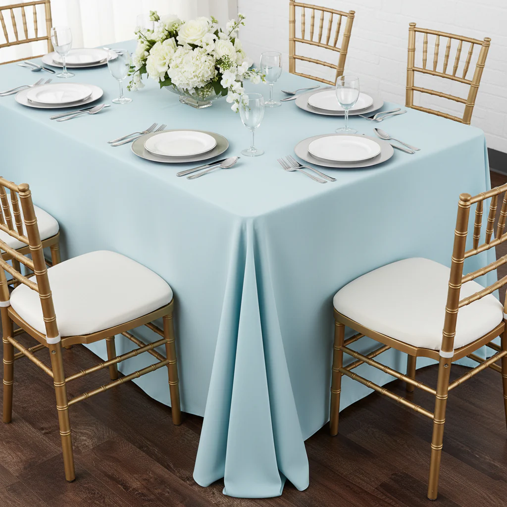 90"x156" Rectangular Oblong Premium Polyester Tablecloth - Baby Blue - Image 5