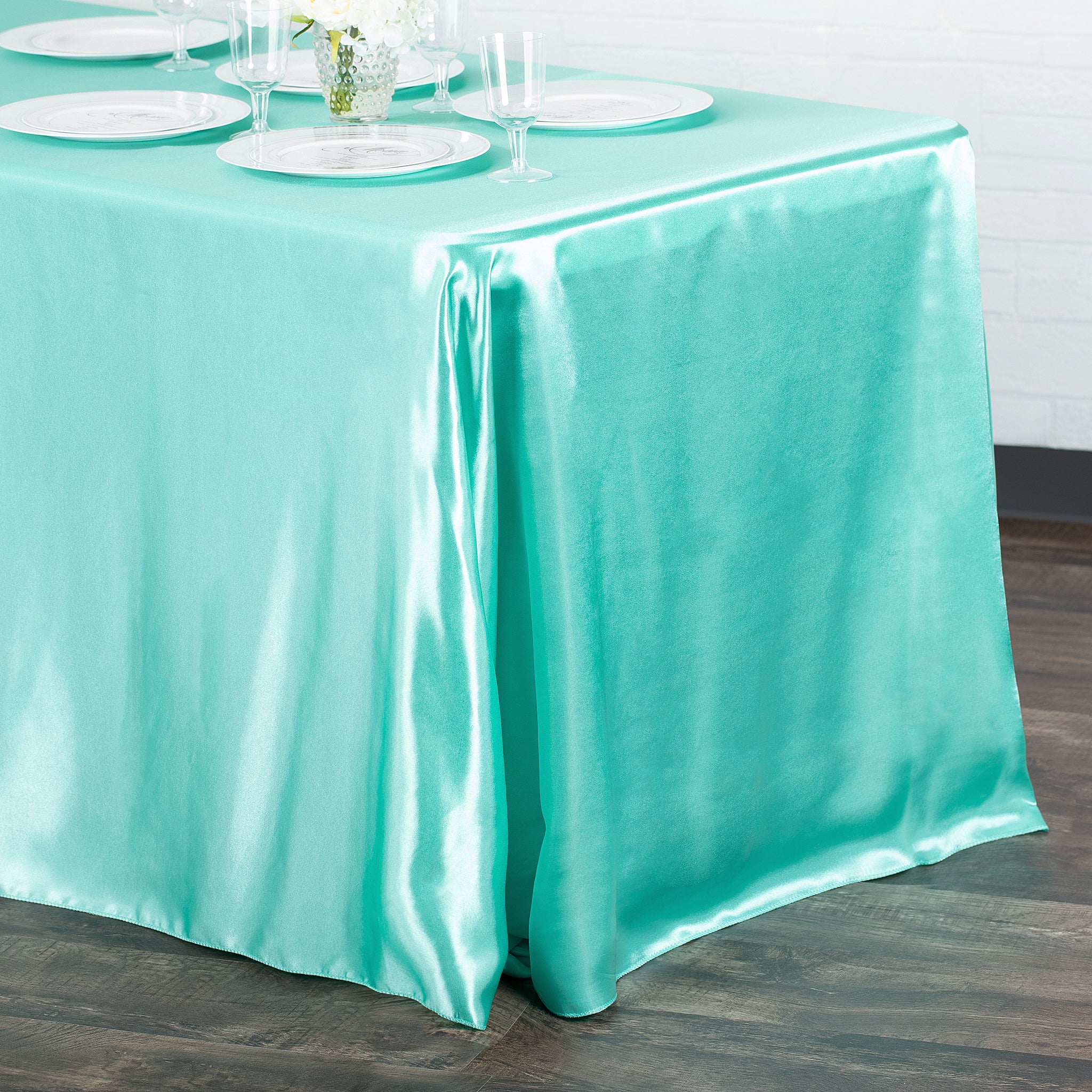 90"x156" Rectangular Satin Tablecloth - Light Turquoise - Image 2
