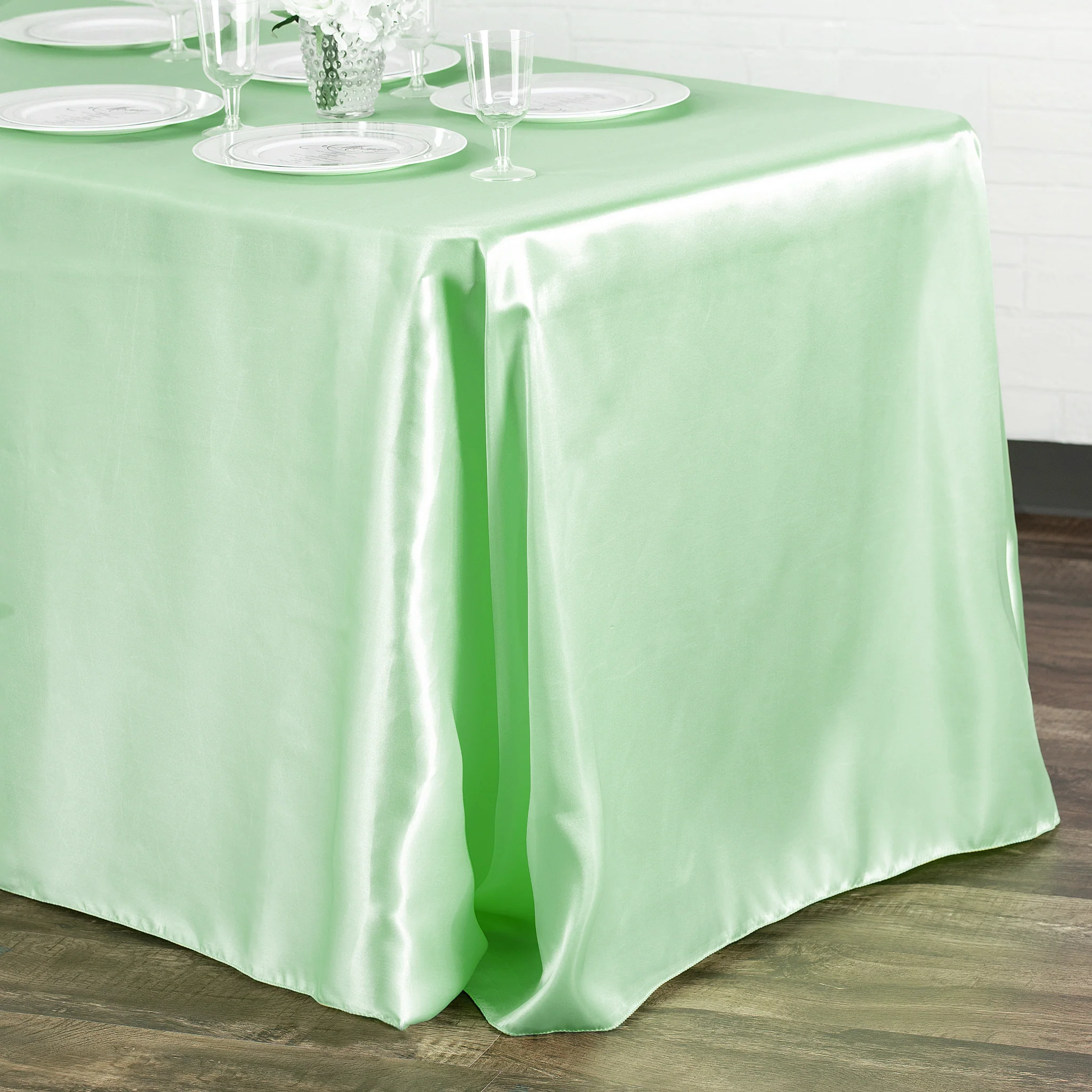 90"x156" Rectangular Satin Tablecloth - Mint Green - Image 2