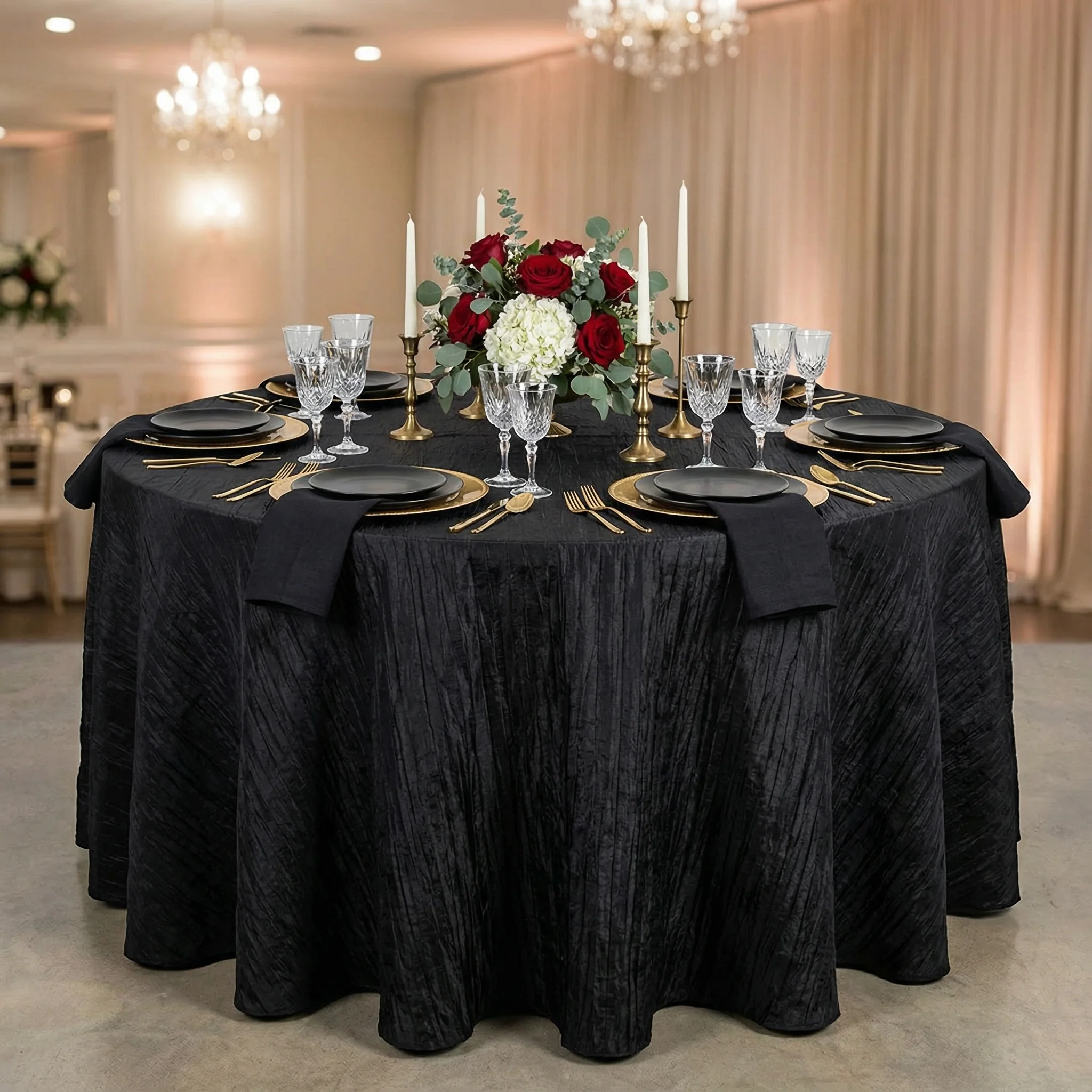 Accordion Crinkle Taffeta 120" Round Tablecloth - Black - Image 2
