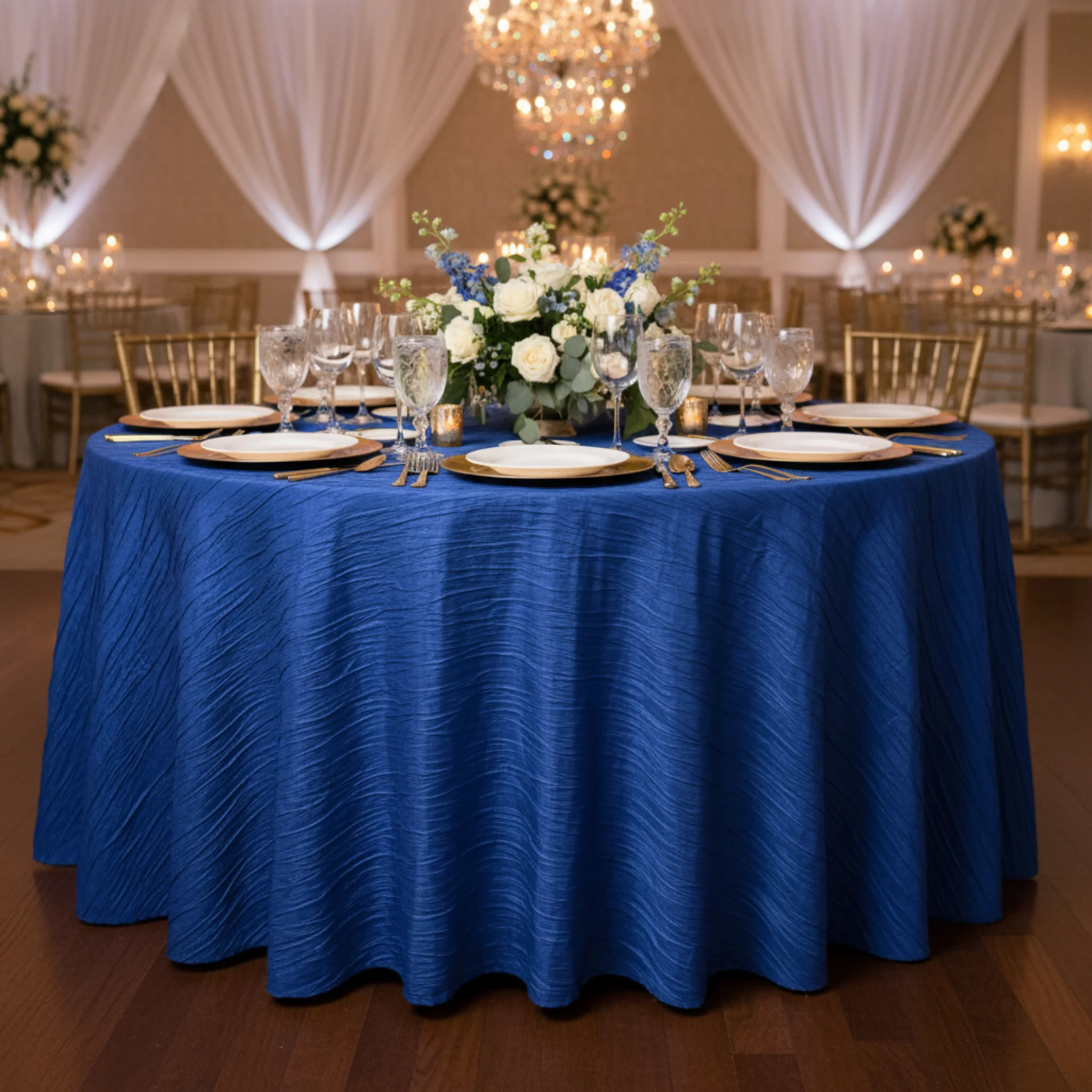 Accordion Crinkle Taffeta 120" Round Tablecloth - Royal Blue - Image 3