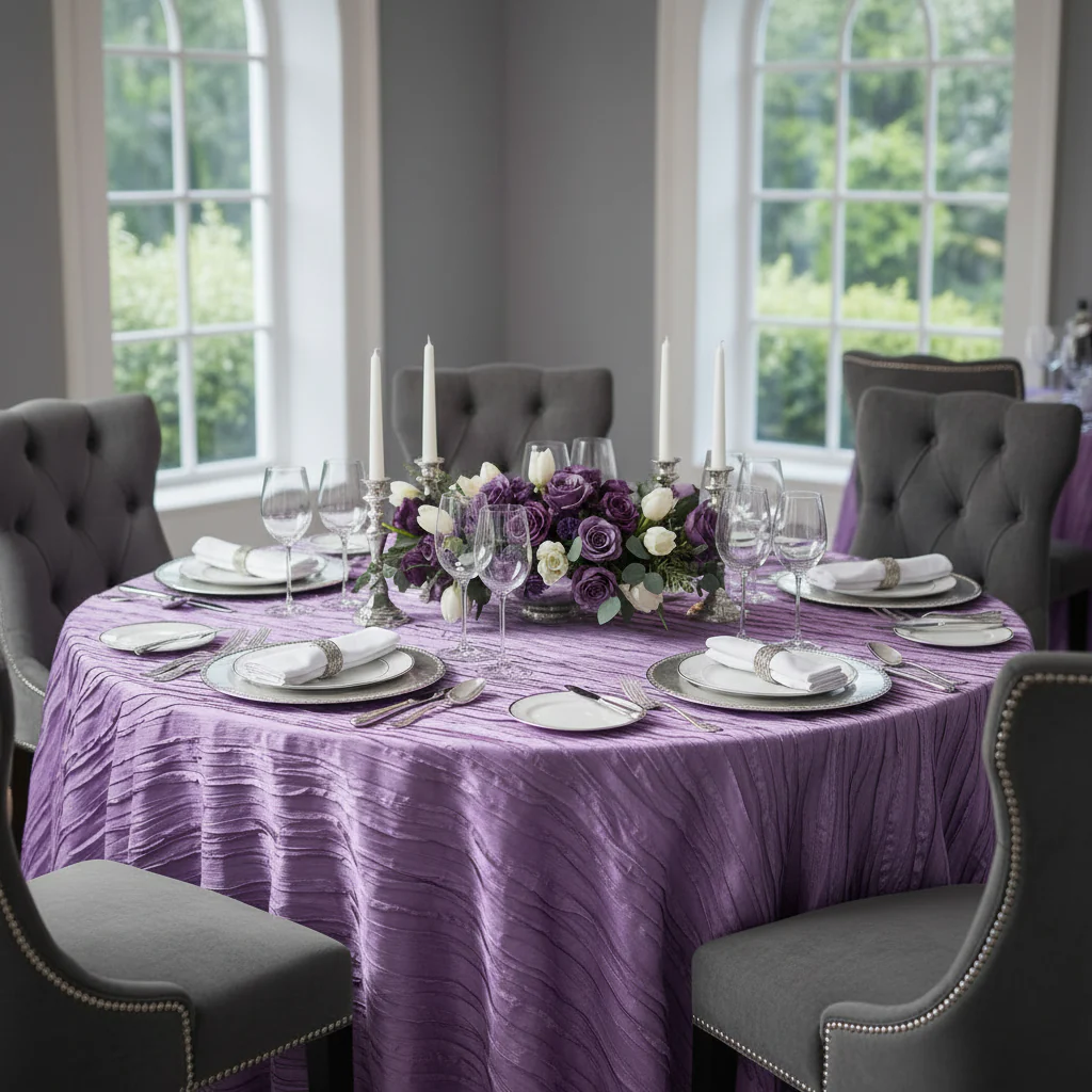 Accordion Crinkle Taffeta 120" Round Tablecloth - Victorian Lilac/Wisteria - Image 4