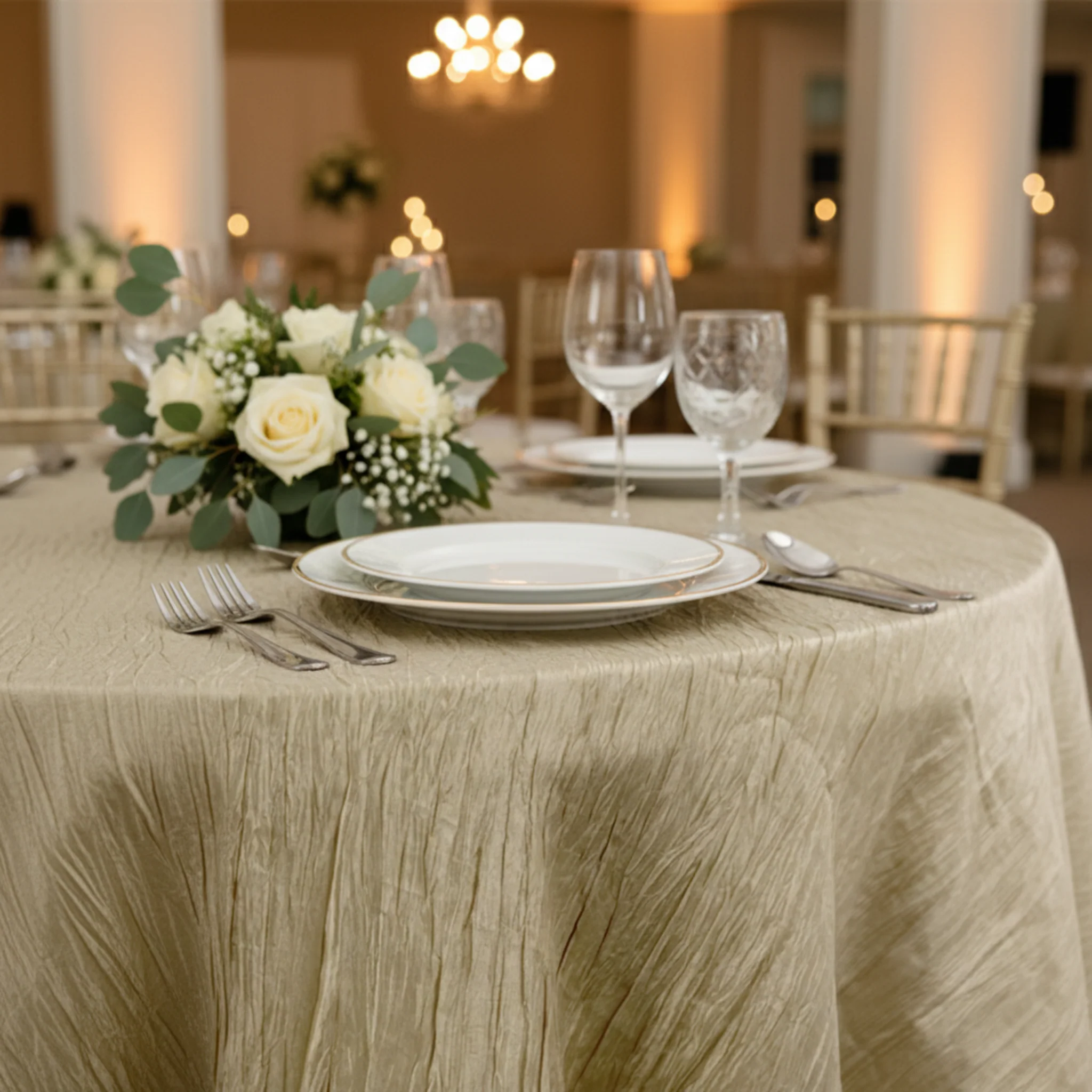 Accordion Crinkle Taffeta 132" Round Tablecloth - Champagne - Image 2