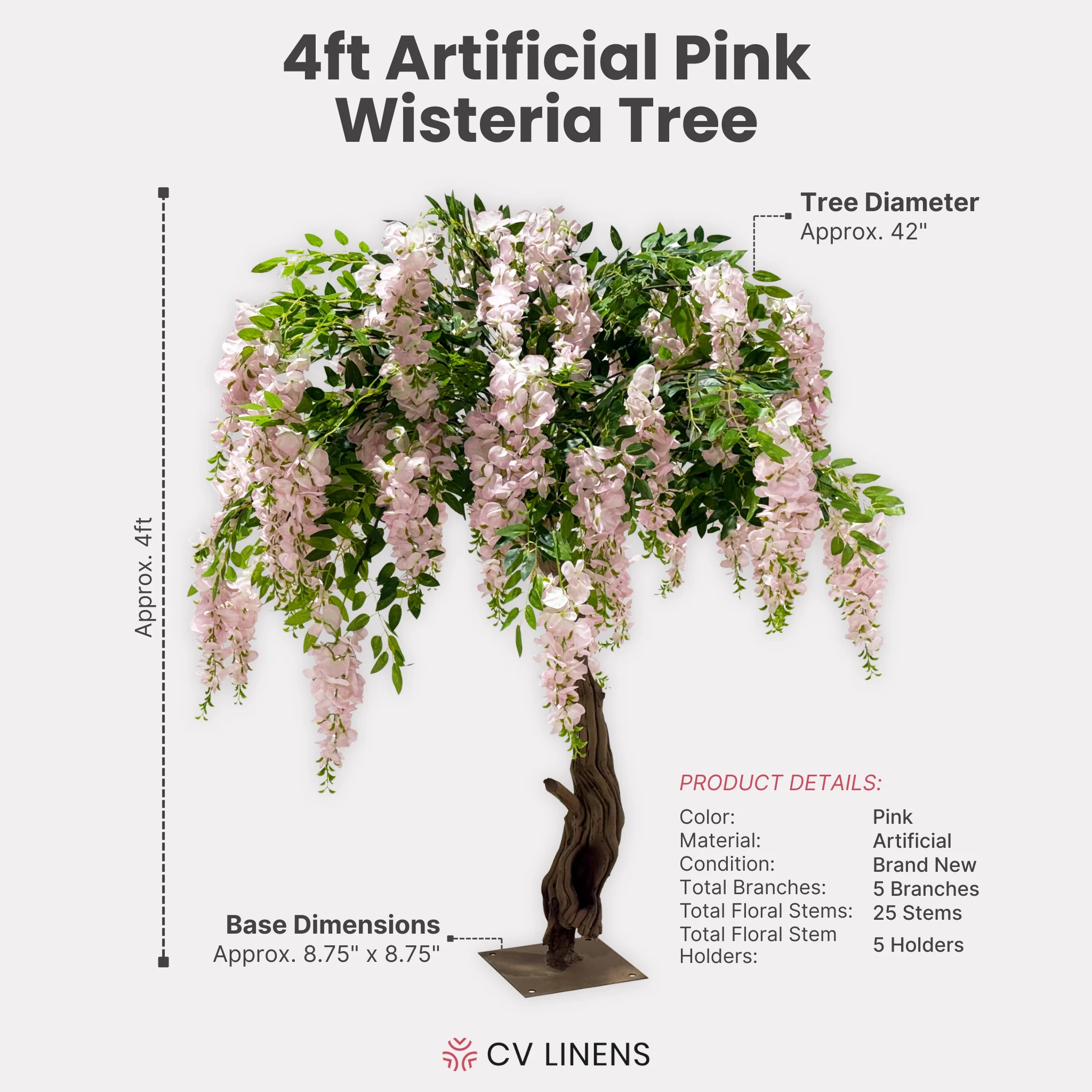 4ft Artificial Wisteria Tree - Pink - Image 3