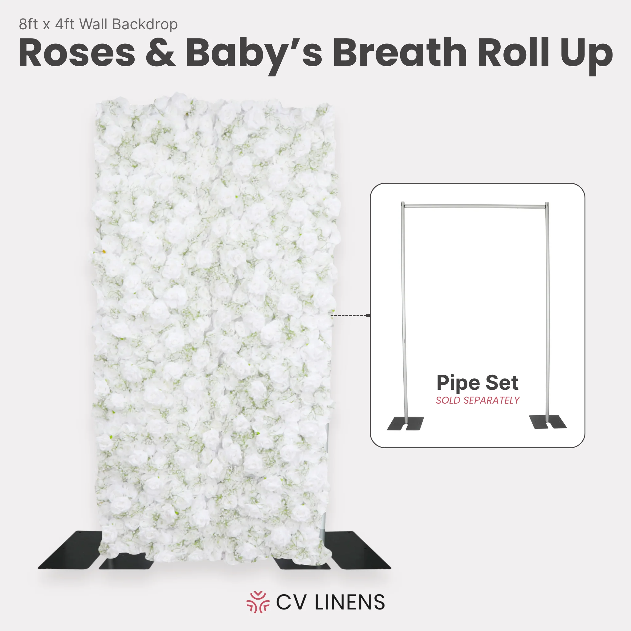 Roll Up Roses and Baby's Breath Flower Wall Backdrop 8ft x 4ft - White