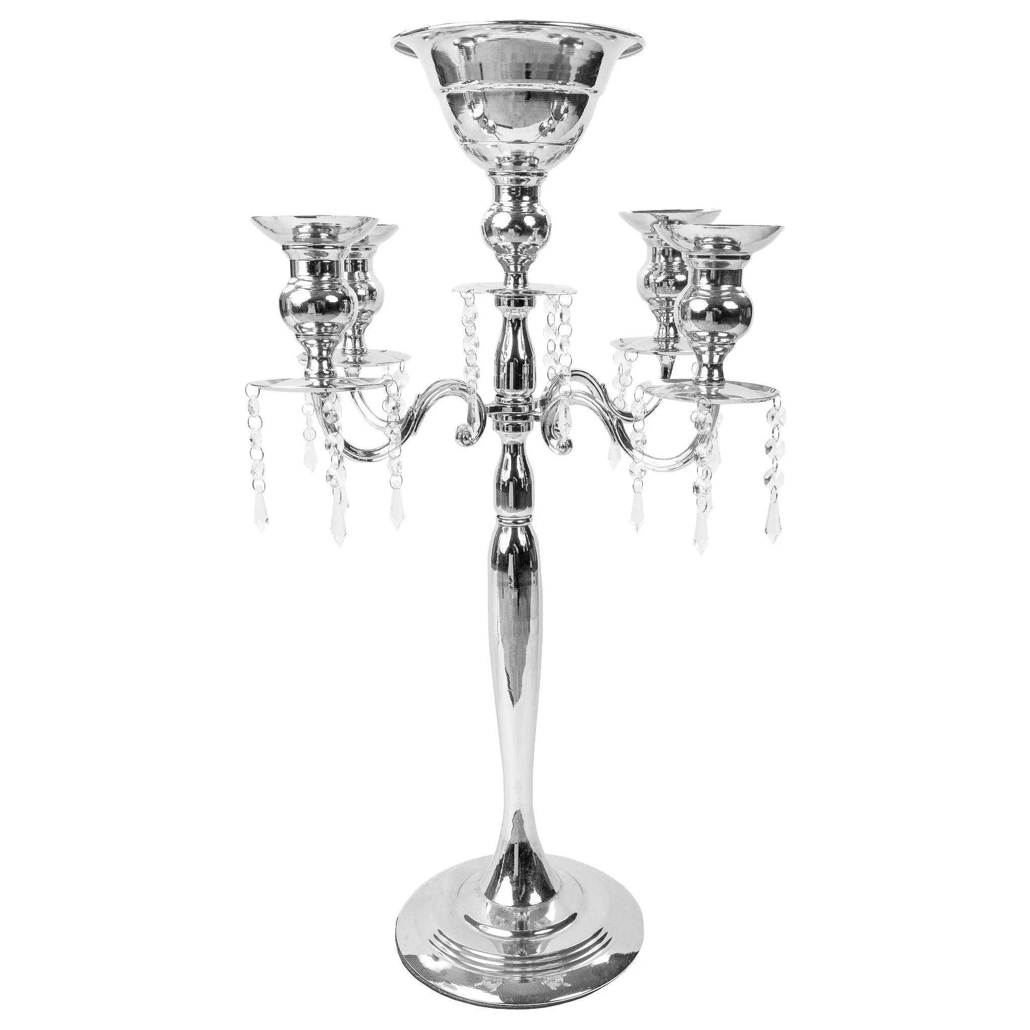 Candelabra Centerpiece with Hanging Crystals - Silver