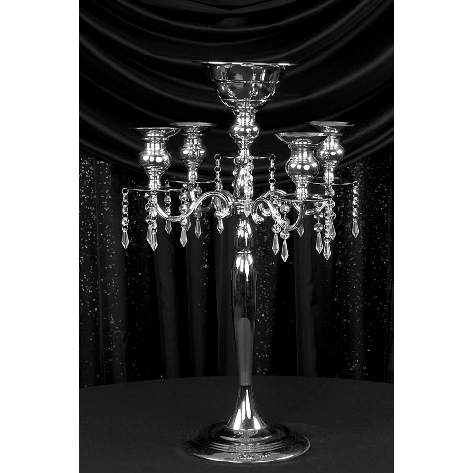 Candelabra Centerpiece with Hanging Crystals - Silver - Image 4