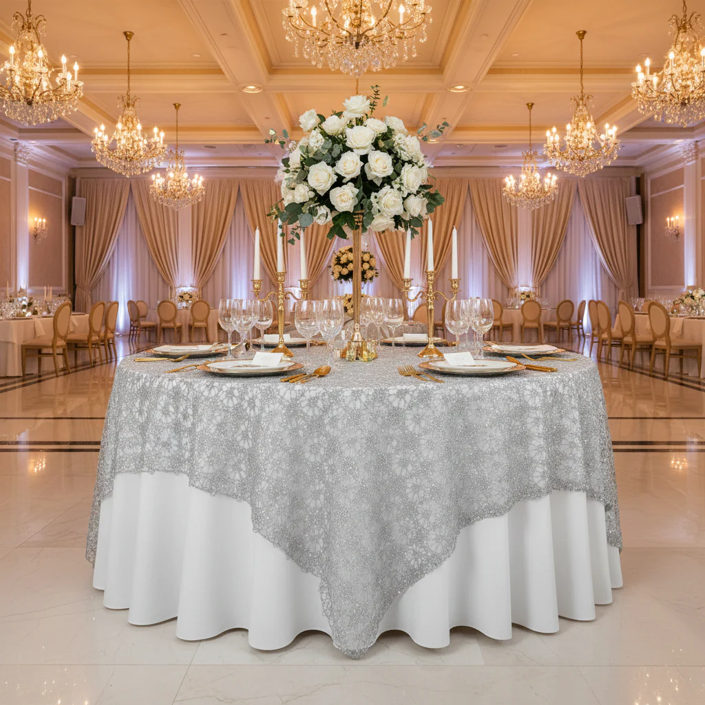 Chemical Lace 90"x90" Square Table Overlay - Silver - Image 3