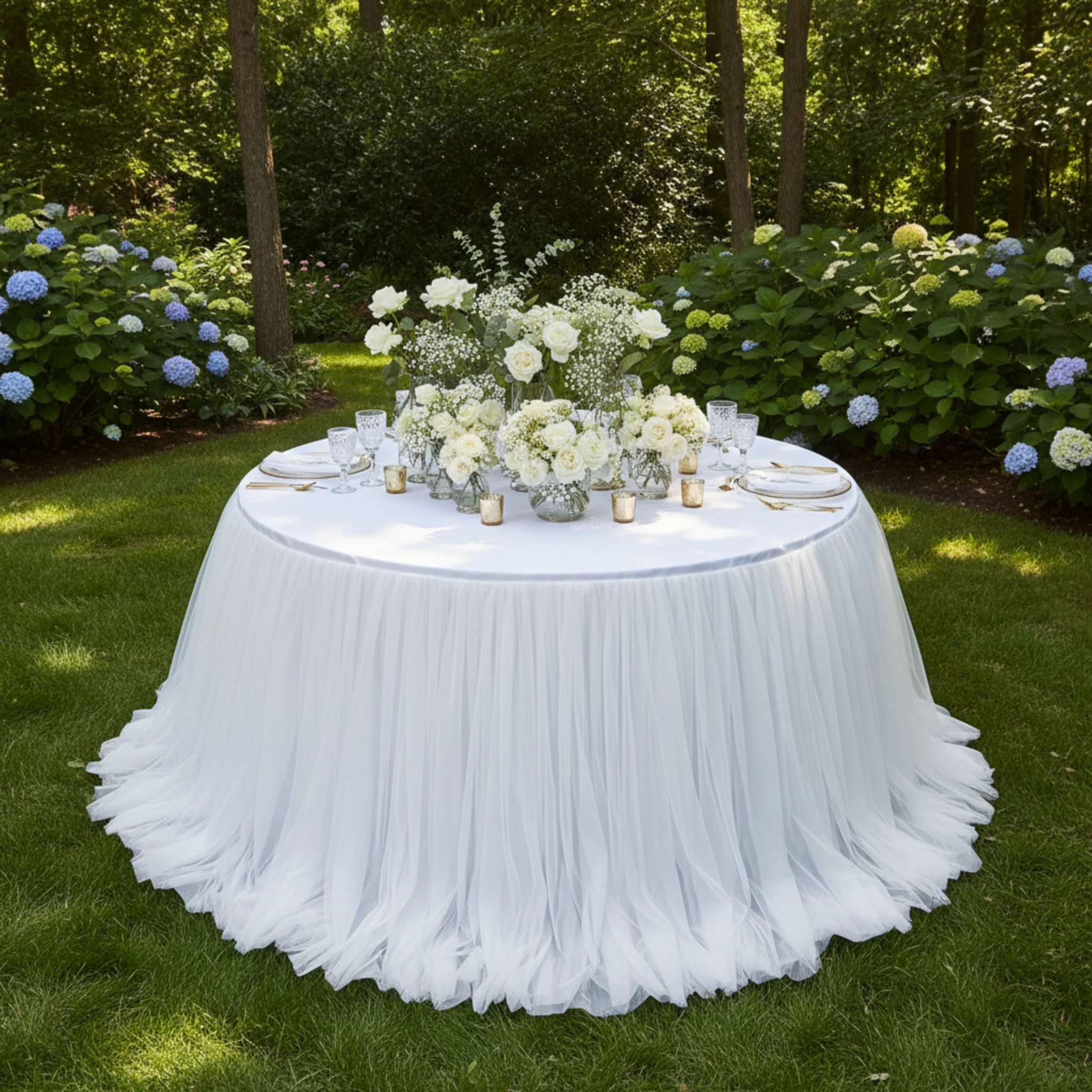 Chiffon Tulle Table Skirt Extra Long 57" x 17ft - White - Image 4