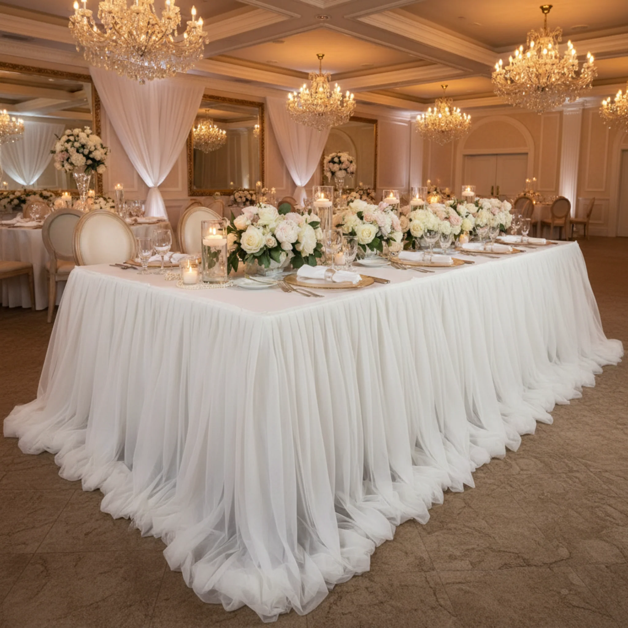 Chiffon Tulle Table Skirt Extra Long 57" x 17ft - White - Image 5