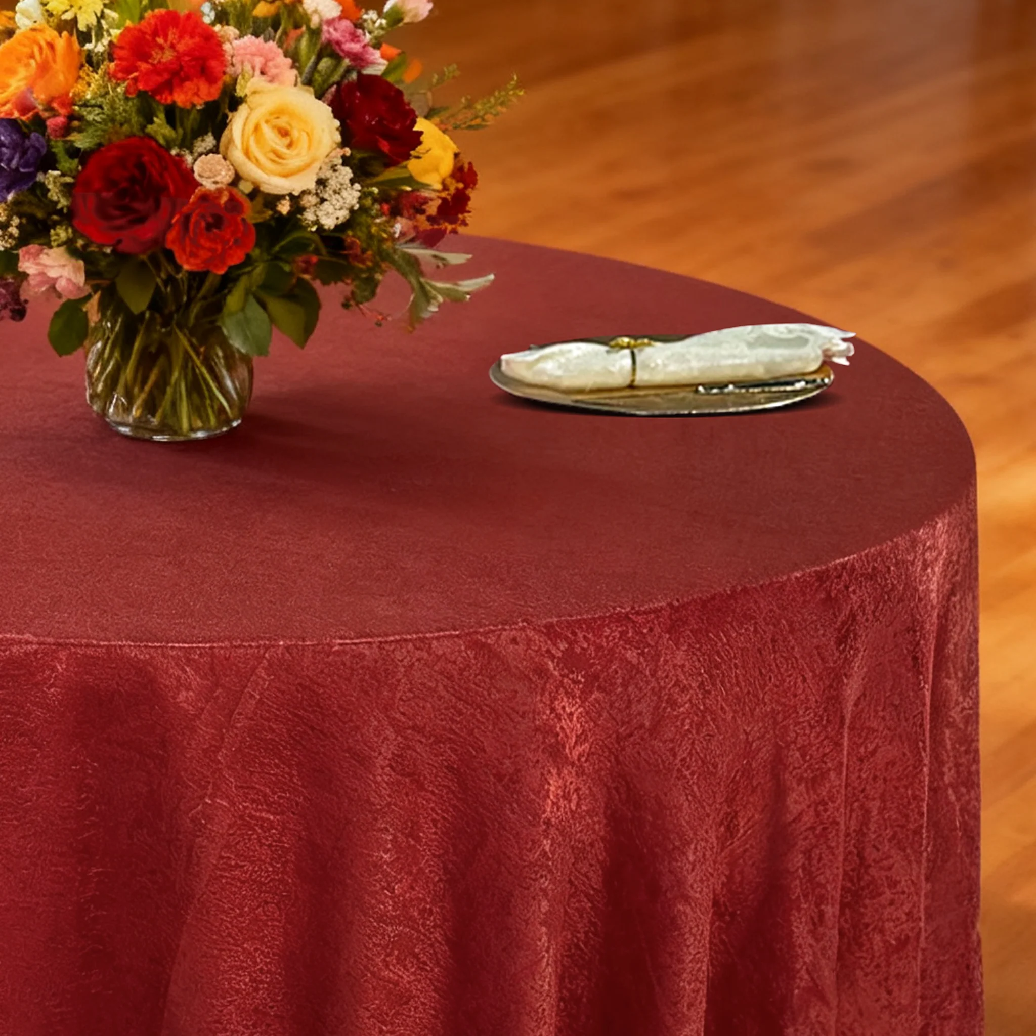Crinkle Shimmer 120" Round Tablecloth - Burgundy - Image 3