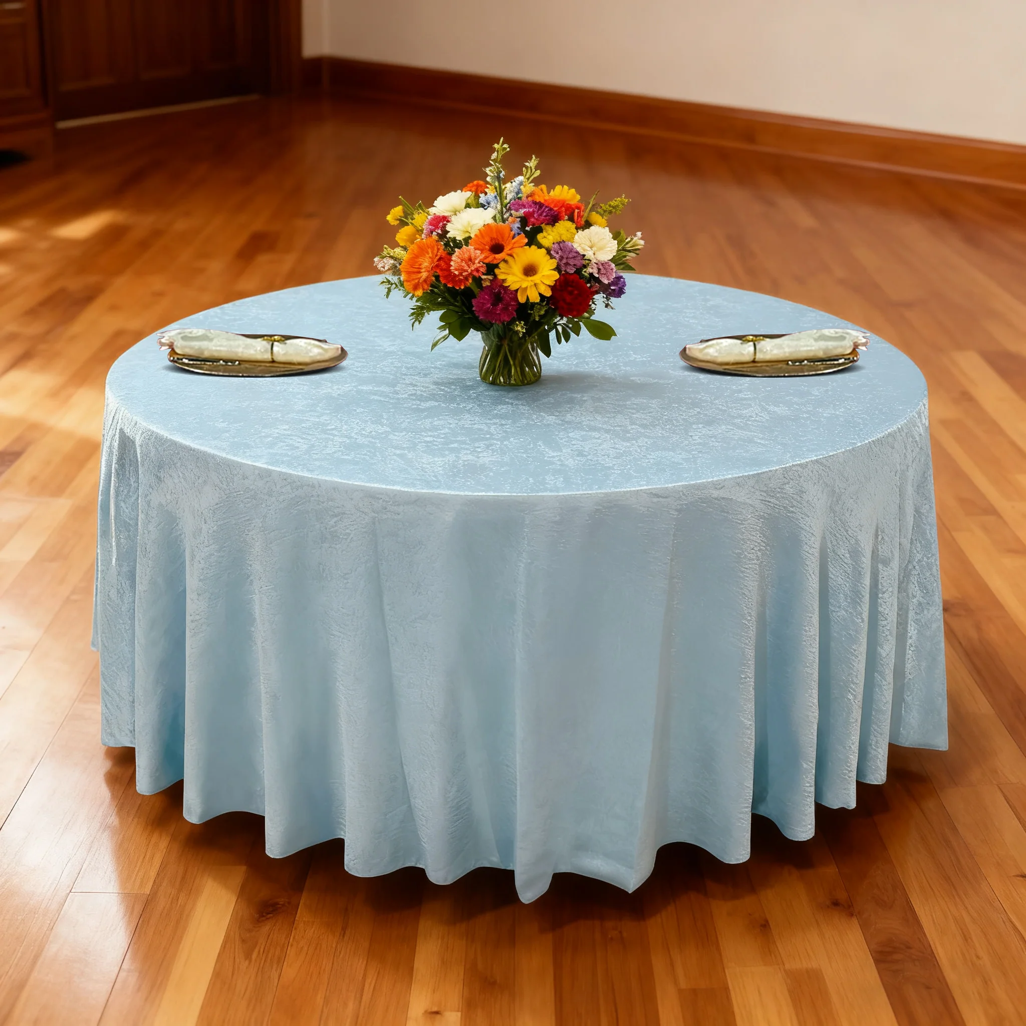 Crinkle Shimmer 132" Round Tablecloth - Baby Blue - Image 2