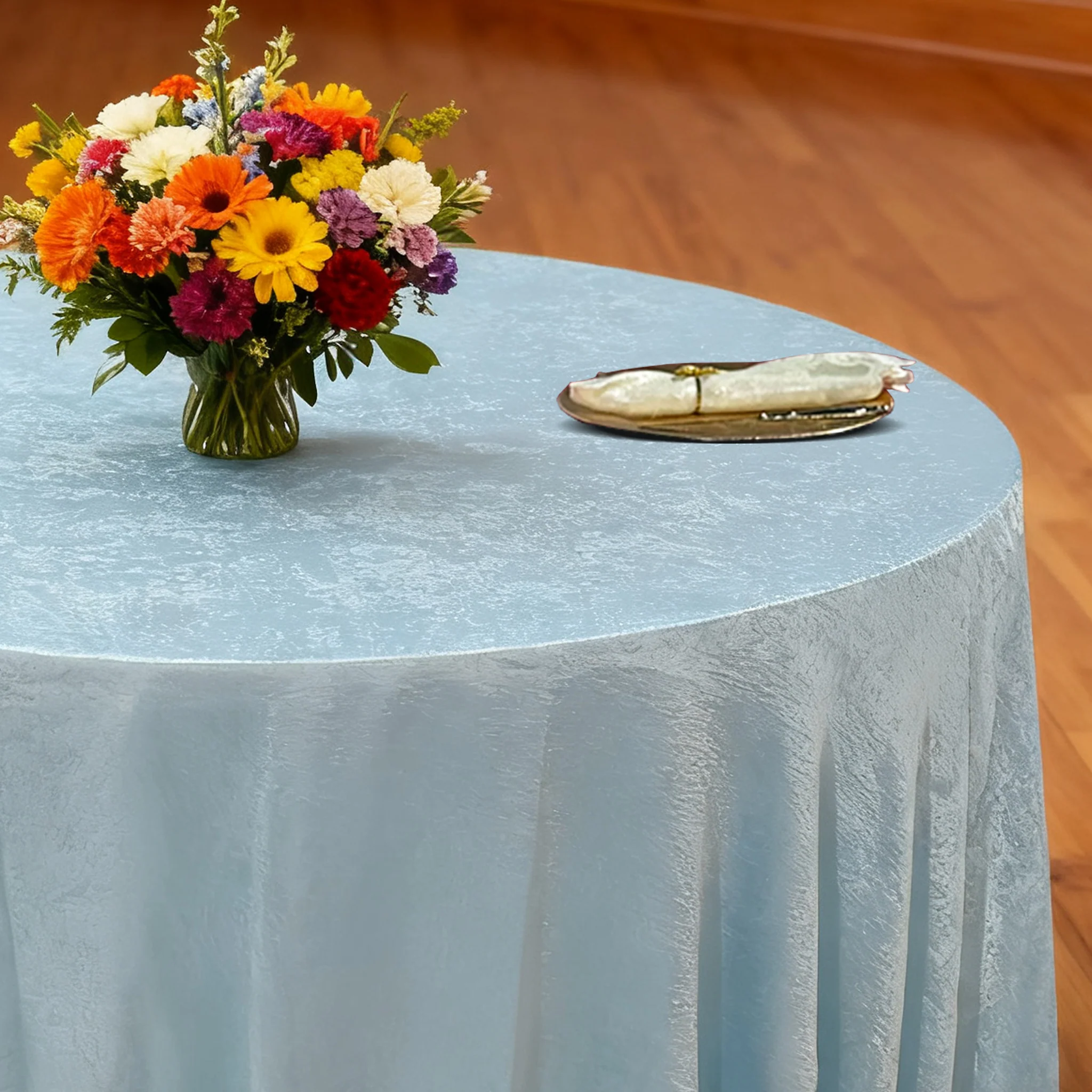 Crinkle Shimmer 132" Round Tablecloth - Baby Blue - Image 3