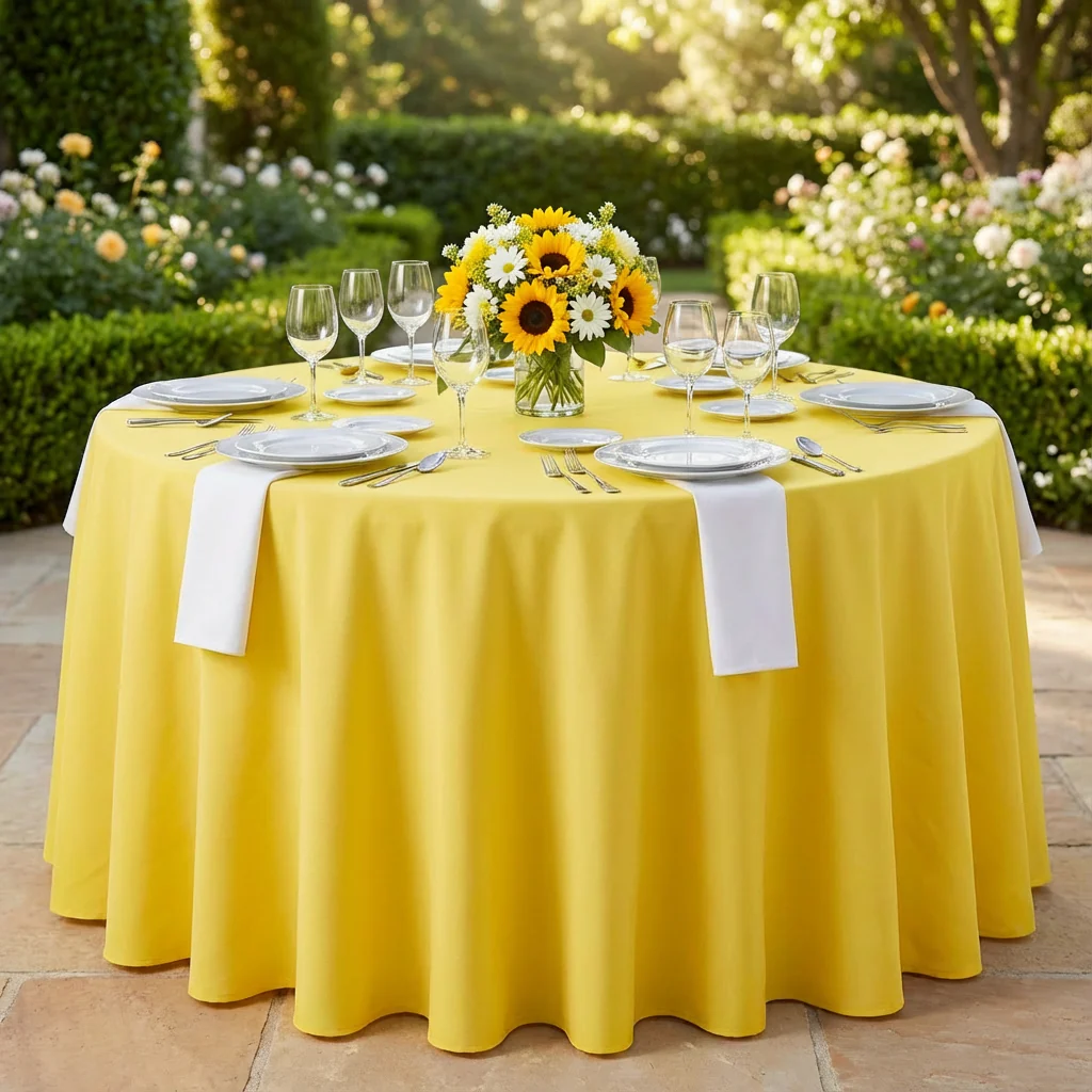 Economy Polyester Tablecloth 120" Round - Canary Yellow - Image 2