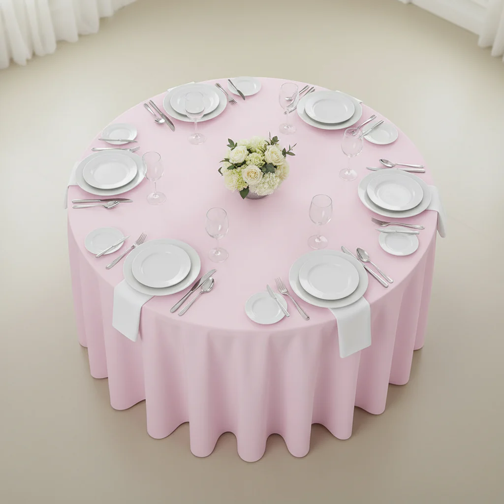Economy Polyester Tablecloth 120" Round - Pastel Pink - Image 3
