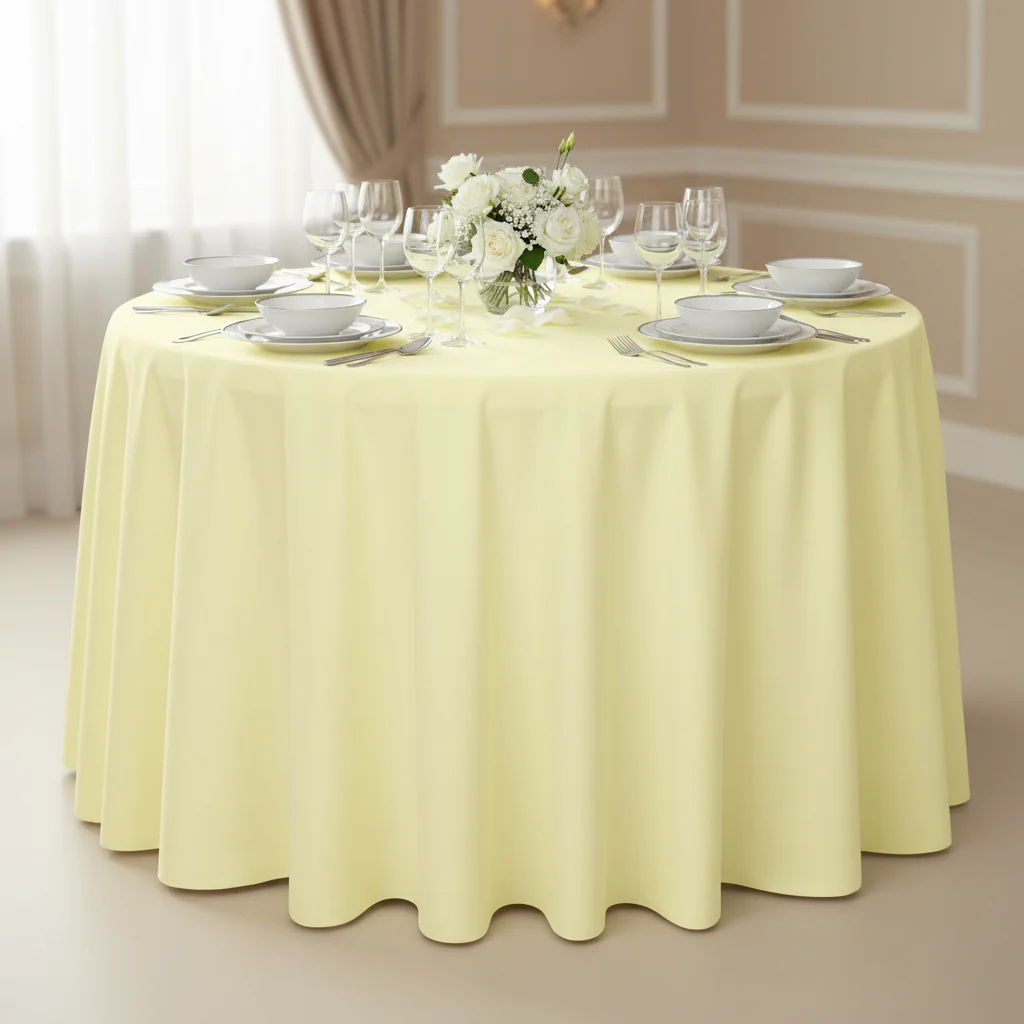 Economy Polyester Tablecloth 120" Round - Pastel Yellow - Image 2