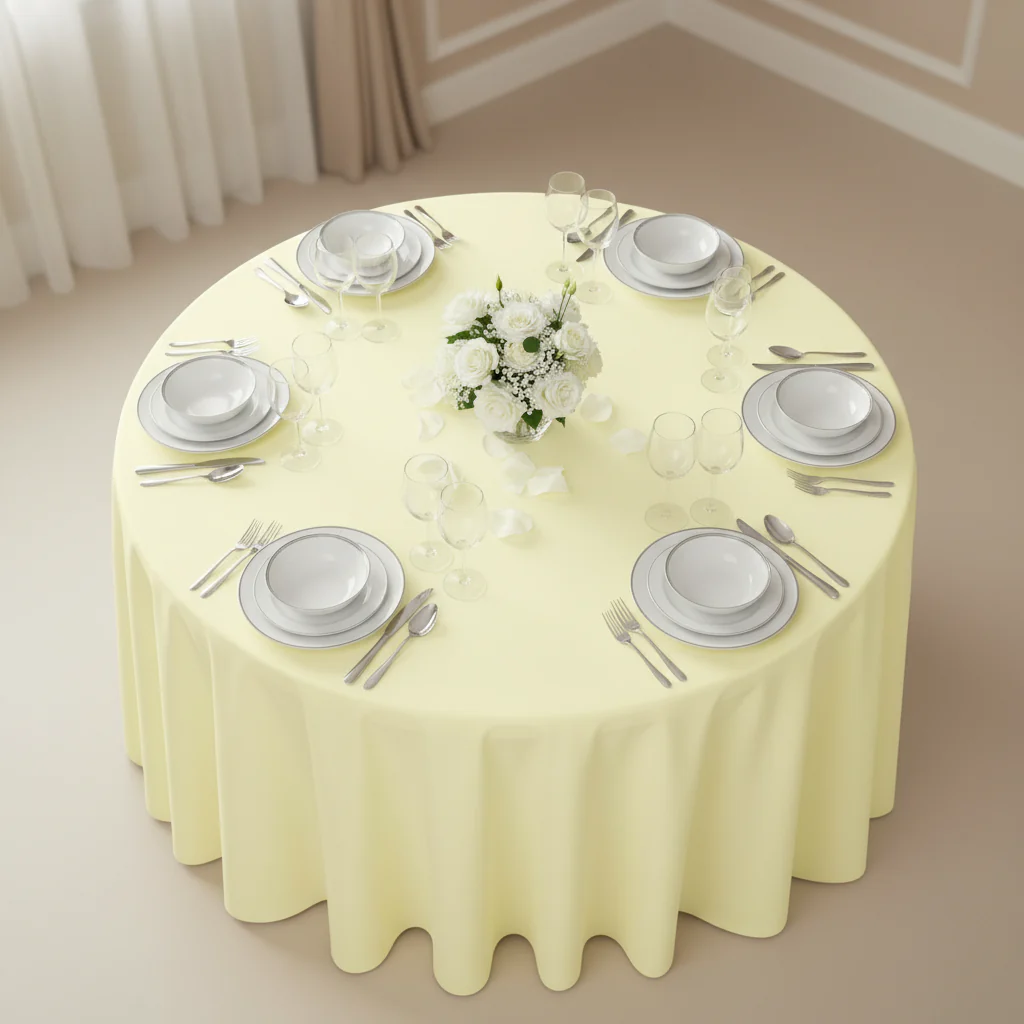 Economy Polyester Tablecloth 120" Round - Pastel Yellow - Image 3