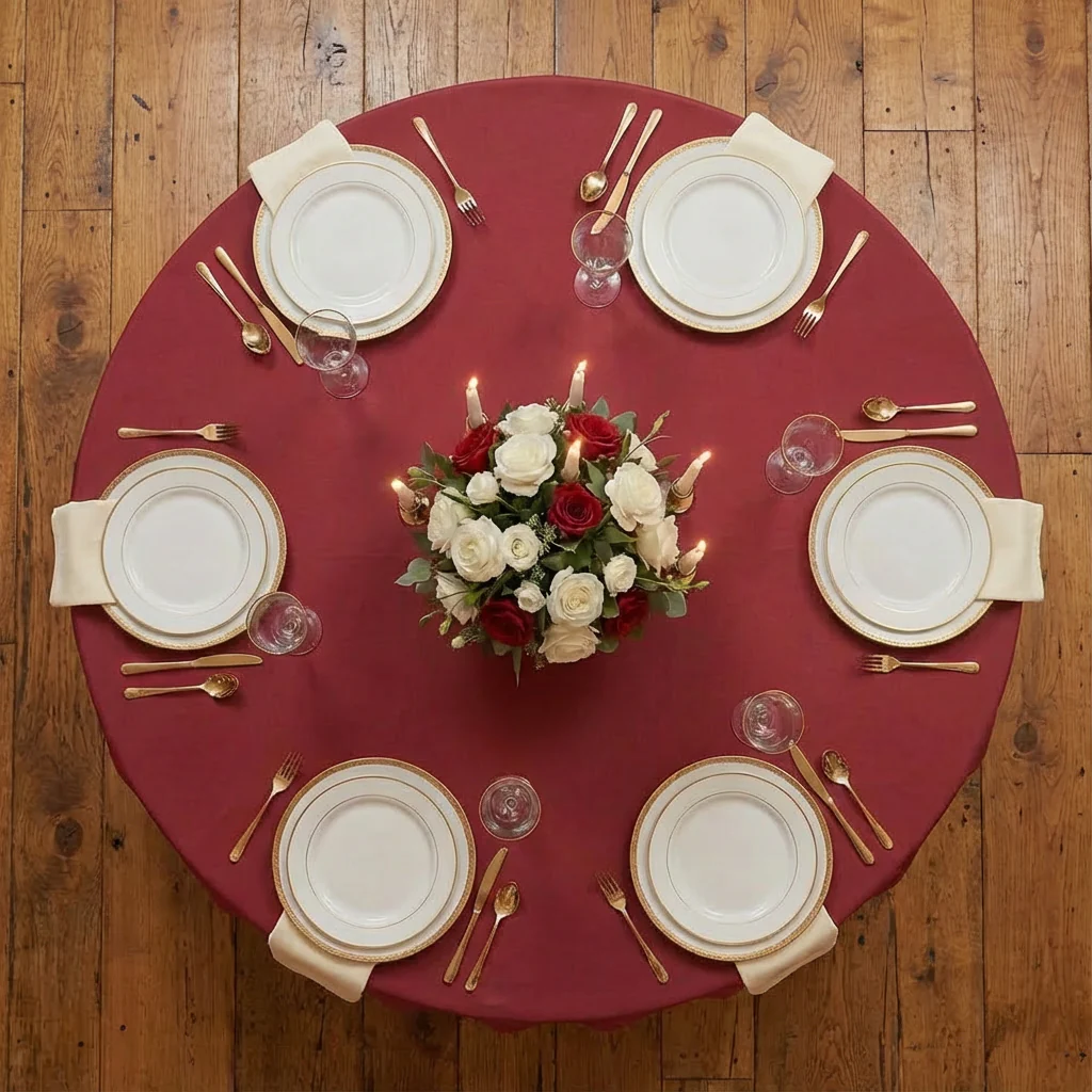 Economy Polyester Tablecloth 132" Round - Apple Red - Image 3
