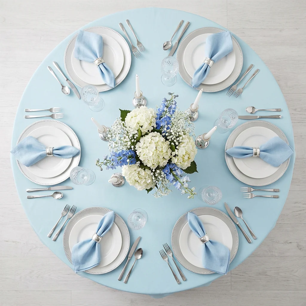 Economy Polyester Tablecloth 132" Round - Baby Blue - Image 3