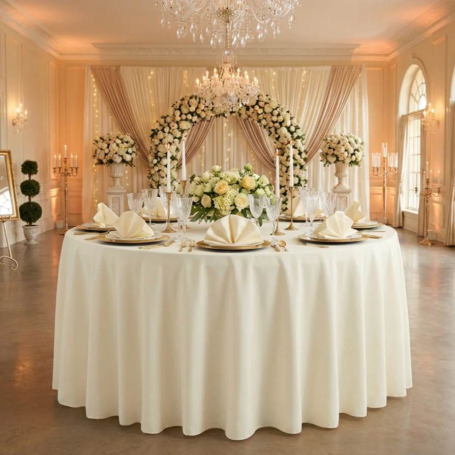 Economy Polyester Tablecloth 132" Round - Ivory - Image 2
